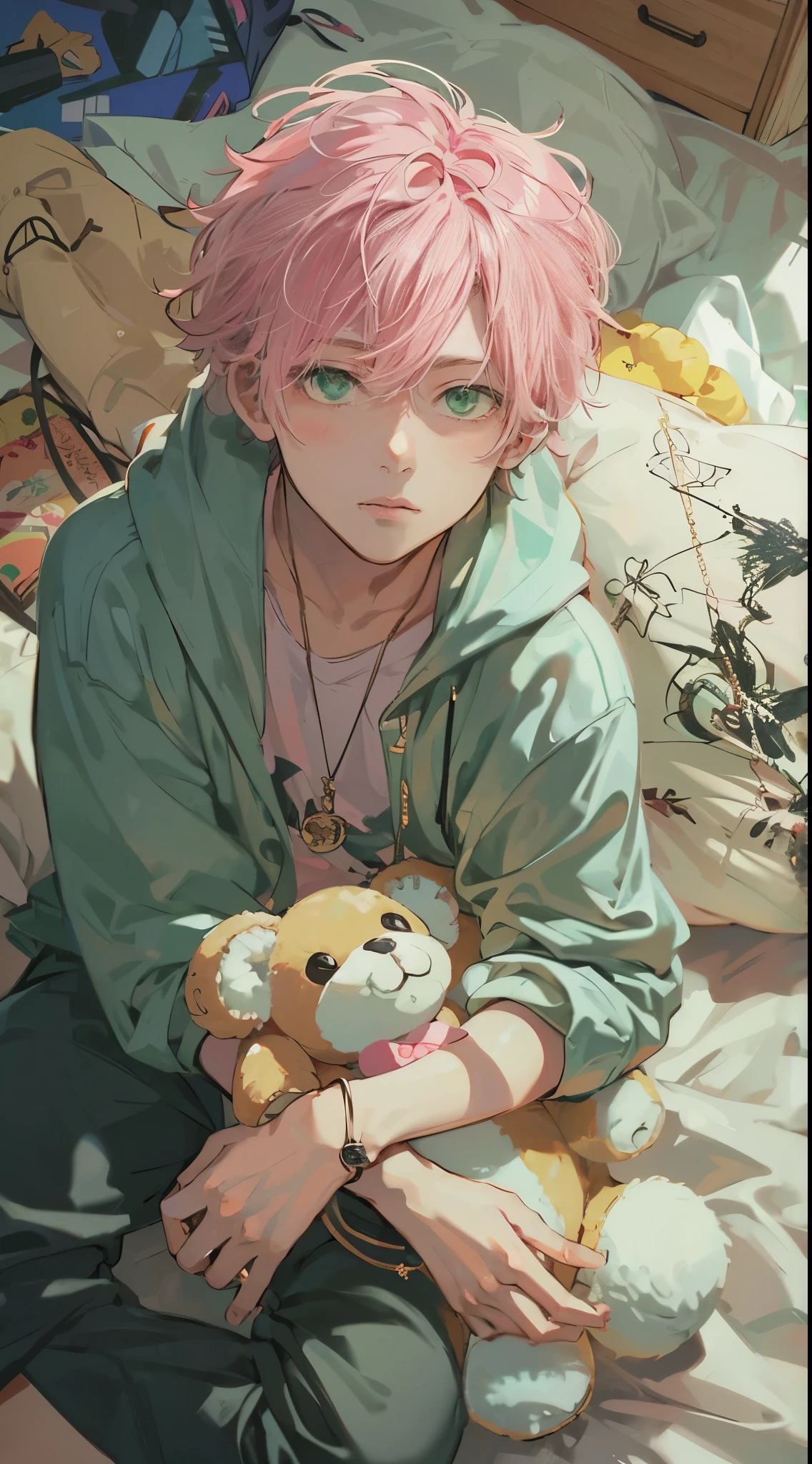 high quality, amount of drawing, pixiv illustration, Beautiful young man, pink hair, fluffy hair, green eyes, holding stuffed animal, shot from above, cute room, indoor, dynamic pose, random pose , pink T-shirt