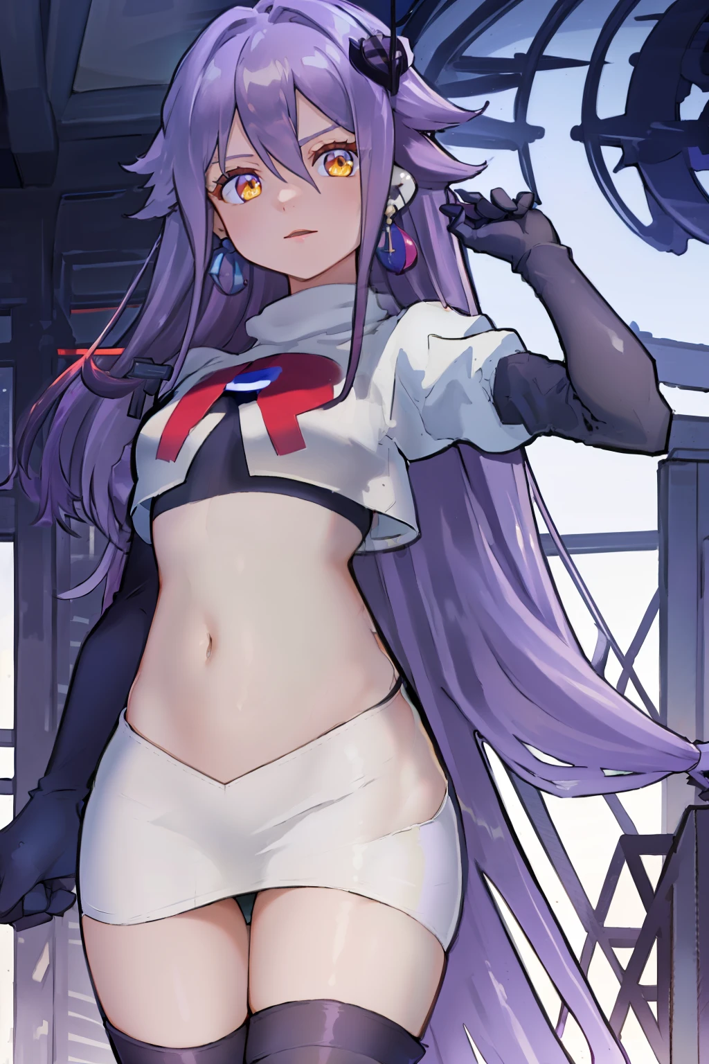 masterpiece, best quality, best 8k wallpaper, 
1 girl, long hair, purple hair, bangs, yellow eyes, earrings, hair between eyes, hair ornament,
team rocket,team rocket uniform,white skirt,red letter R,crop top,black thigh-highs,black elbow gloves