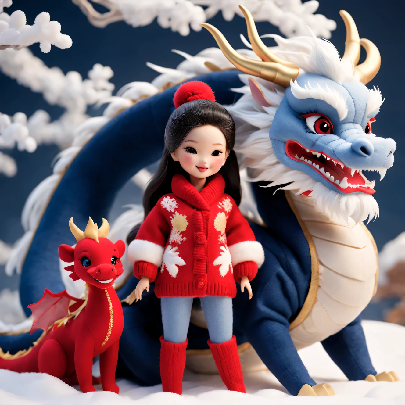 natalie shaw style, character concept design, Half a body,2024 New Year Plush Toy Photography,(Close up of smiling cute baby chinese dragon and barbie doll:1.1),Wear a sense of luxury, Gorgeous fashionable winter cashmere wool fashionable exquisite cashmere wool craftsmanship) , Background with:Dark navy and fiery red,2024 new year elements,golden ornaments,heavy snow ground, Apply exquisite skills and superb technology,Weave wool into a variety of styles and textures,Pay attention to the edge of the sweater、sutured、Details such as stitching ensure smooth lines of the sweater、Smooth and traceless,Demonstrate perfect craftsmanship quality。 Cute 3d rendering,Cute and detailed digital art,Miniature feeling,stylized 3d render,3d rendered figure art 8k,lovely digital painting,Anime style 3D,Ultra-detailed rendering