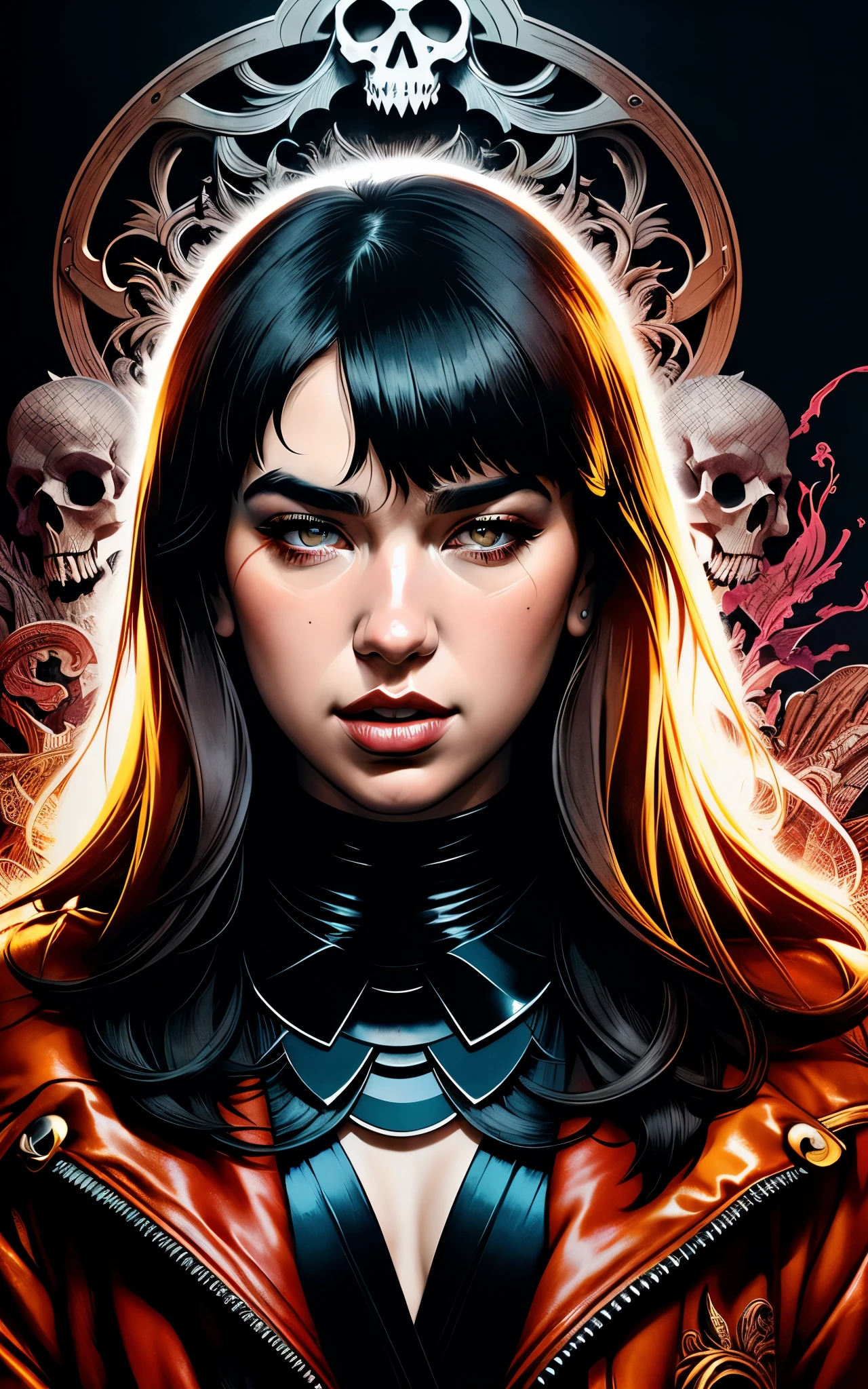 (Dua Lipa) is a beautiful charming vampire queen sitting on a throne, carved out of dark smoke, pale skin,dark fantasy background, black, circular colored smoke, waves of shadows at night, abstract skull ornaments, messy hair, soft colors, flat 4d street art in the style of adrian ghenie, esao andrews, jenny saville , edward hopper, surrealism, james jean dark, takato yamamoto, inkpunk minimalism, , detailed eyes with circular iris, seamless geometric pattern harmony, luminogram, iron gall ink, art by Russ Mills, Sakimichan,, by GIlSam -paio octane rendering depicting innovation and truth, 8k, by Lee Jeffries, depth - Gs studio