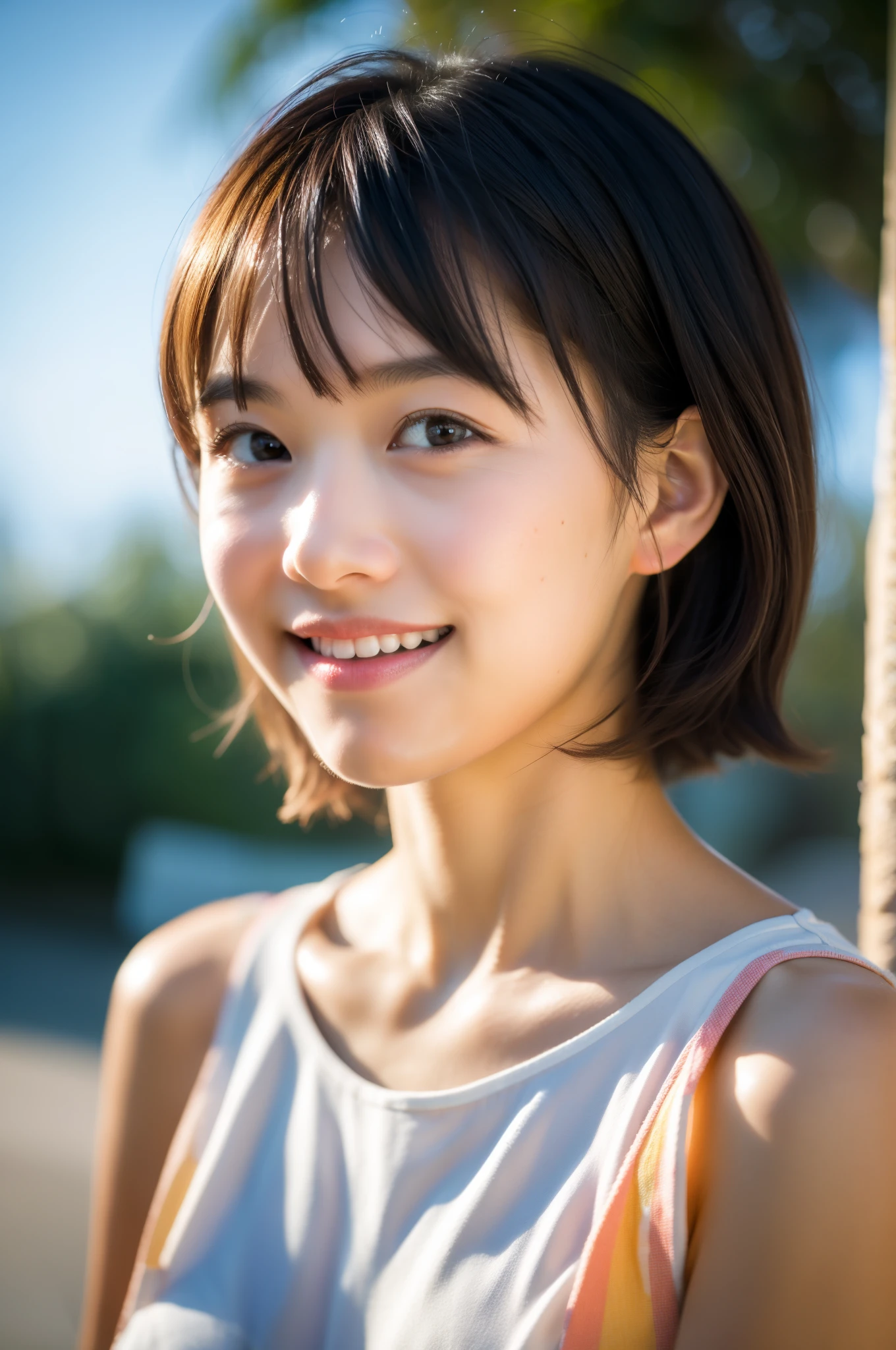 masutepiece, Best Quality, 8K, 1girl in, Good Hand, 14 yo, close up of face, Lively, Active, Life Force, Luminescent, Looking away, Raw photo, F/1.8, 135 mm, NIKON, Anatomically correct, Bokeh,Textured skin, Professional Photography, Portrait, Soft light, Professional Lighting, Solo, (Smile), Cute, Girly, boobs film grain, (Eyes and faces with detailed:1.0), Brown hair, Short hair swaying in the wind, Bangs