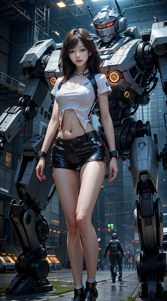 miling minchen, aburdes, (mouth:1.16) closed, balanced eyes, (Best quality details:1.2),realistic,8K High definition,Ultra Detailed,High quality texture,intricate details,detailed texture, finely detailed, high detail, extremely detailed high quality texture cg, high quality shadows, ((masterpiece, best quality)), illustrations, ultra-detailed 8K, realistic, clear focus, highly detailed, professional lighting, colorful details, iridescent colors BREAK factory super long lens, large mechanical robot structure, microchips, computers, luminescence, intricate details, Shitu-Mecha, 1girl standing in front of the audience, navel、Soccer Uniforms、