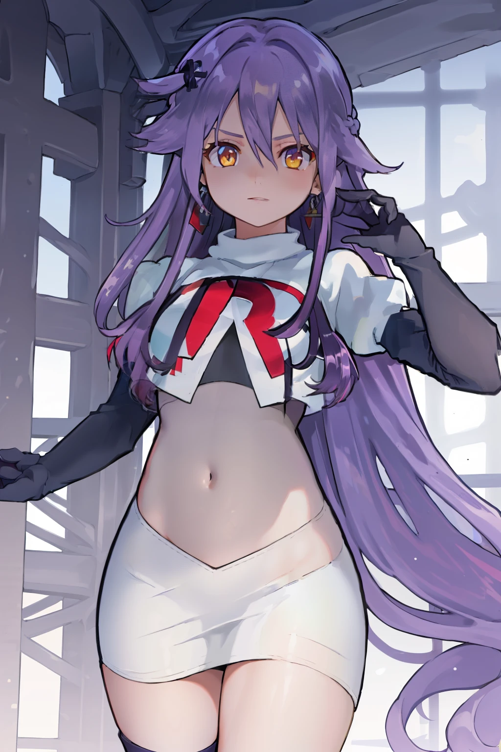 masterpiece, best quality, best 8k wallpaper,
1 girl, long hair, purple hair, bangs, yellow eyes, earrings, hair between eyes, hair ornament,
team rocket,team rocket uniform,white skirt,red letter R,crop top,black thigh-highs,black elbow gloves