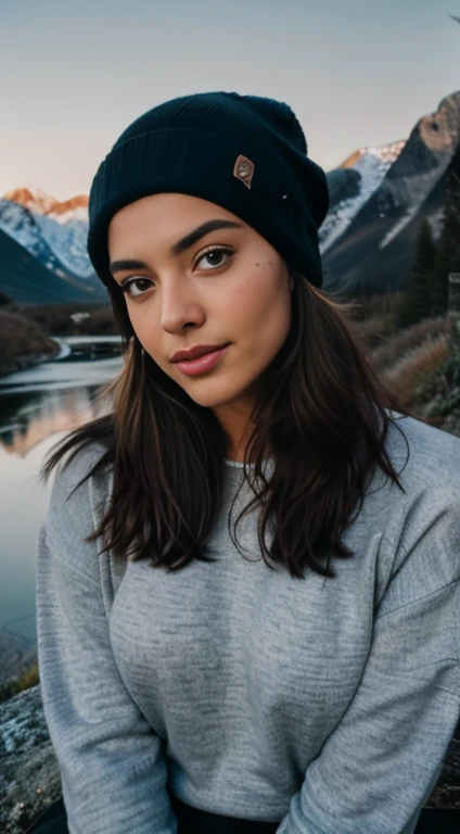 photorealistic, best quality, hyper detailed, beautiful woman, selfie photo, upper body, solo, wearing pullover, 3 different style and cloths ,outdoors, (night), mountains, real life nature, stars, moon, (cheerful, happy), sleeping bag, gloves, sweater, beanie, flashlight, forest, rocks, river, wood, smoke, fog, clear sky, analog style, looking at viewer, skin texture, film grain, close up, ultra high res, best shadow, RAW, instagram LUT