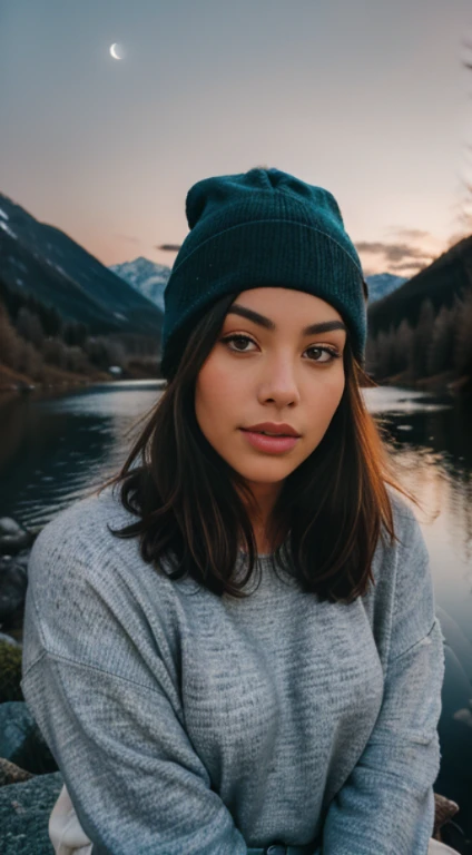 photorealistic, best quality, hyper detailed, beautiful woman, selfie photo, upper body, solo, wearing pullover, 3 different style and cloths ,outdoors, (night), mountains, real life nature, stars, moon, (cheerful, happy), sleeping bag, gloves, sweater, beanie, flashlight, forest, rocks, river, wood, smoke, fog, clear sky, analog style, looking at viewer, skin texture, film grain, close up, ultra high res, best shadow, RAW, instagram LUT