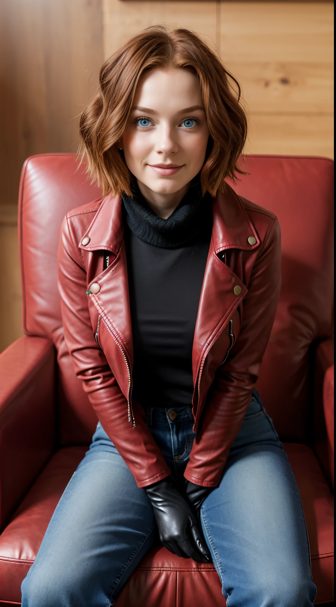 10yaers old, beautiful redhead with blue eyes, outside bob cut, Wearing a red scarf, sitting in an armchair, Plaid background, Wearing a red leather jacket, Black blouse, jeans, Black Gloves, Best Quality, very beautiful redhead, Blushing