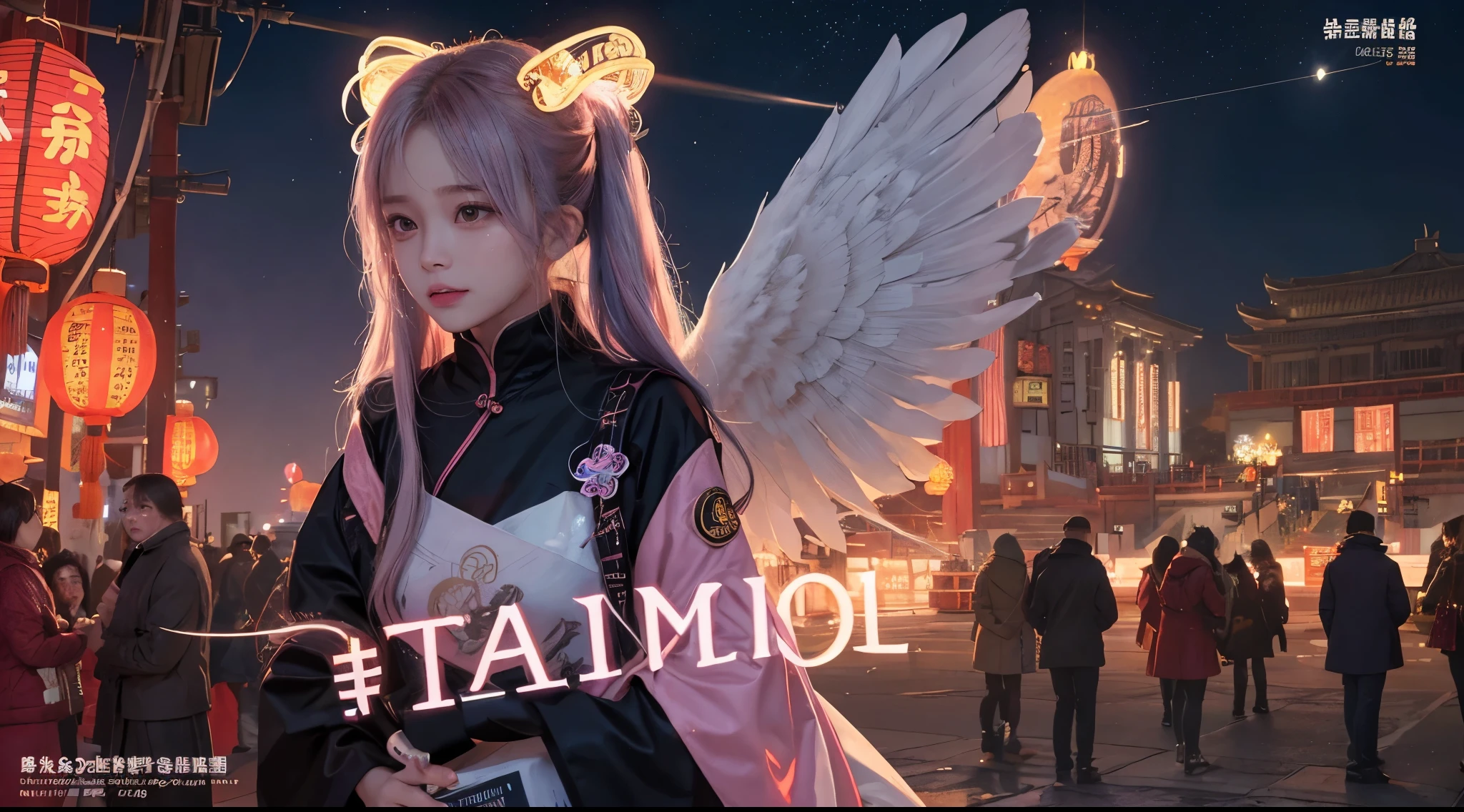 hair bobbles, wince, long eyelashes, solid circle eyes, light smile, ear blush, fang, (rainbow hair), makeup, blush, sad, sad smile, drop shadow, anaglyph, atmospheric perspective, 8k, super detail, accurate, best quality, (cyberpunk), cinematic lighting, masterpiece,1girll, short twintails, Colorful hair, flying, pink bows,((-yeld fee model)), ((dress)), (aquarium), (angel halo), ( wings), (magazine cover), the background is sunrise with planets and shooting stars, aurora, beautiful sky, space view, (wide shot), ((((text)))), (cover), bold, attention-grabbing, ((title)), stylish, (((font))), panorama, eye level shot, tile from below, title from side, title in middle, ((((magazine cover layout)))), (((chinese new year))), ((shinning star)), (((cowboy shot))), fashion