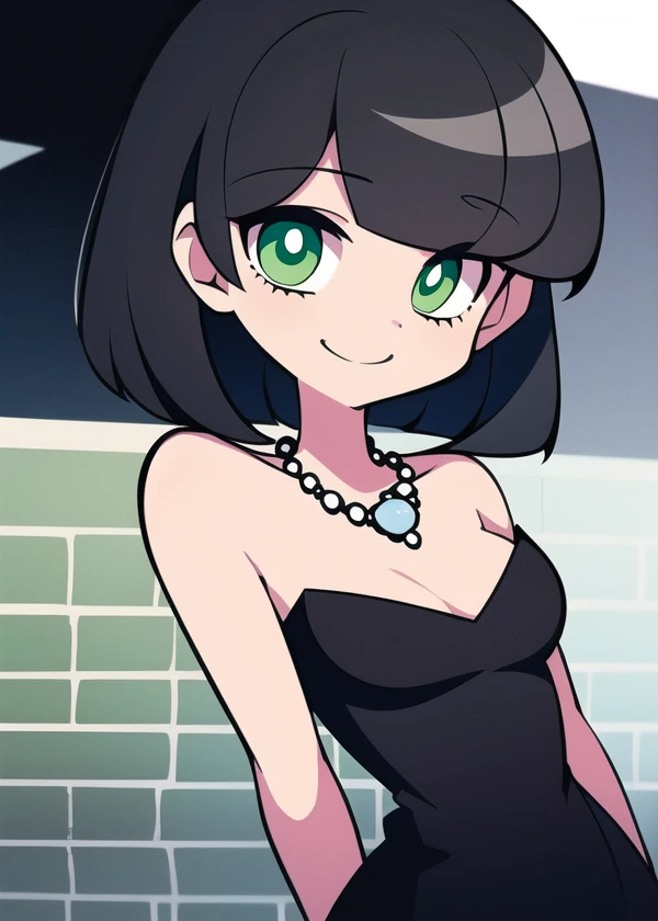 1 girl, solo, A Powerpuff Girl named Buttercup, short black hair, bob cut, medium hair, green eyes, in a little black dress, short strapless black dress, a longer body, all grown up, a teenager style, with a pearl necklace, bare shoulders, and being so beautiful, standing near a brick wall, at night time in the city, in 2D illustration, 2D art style, smile, close up.