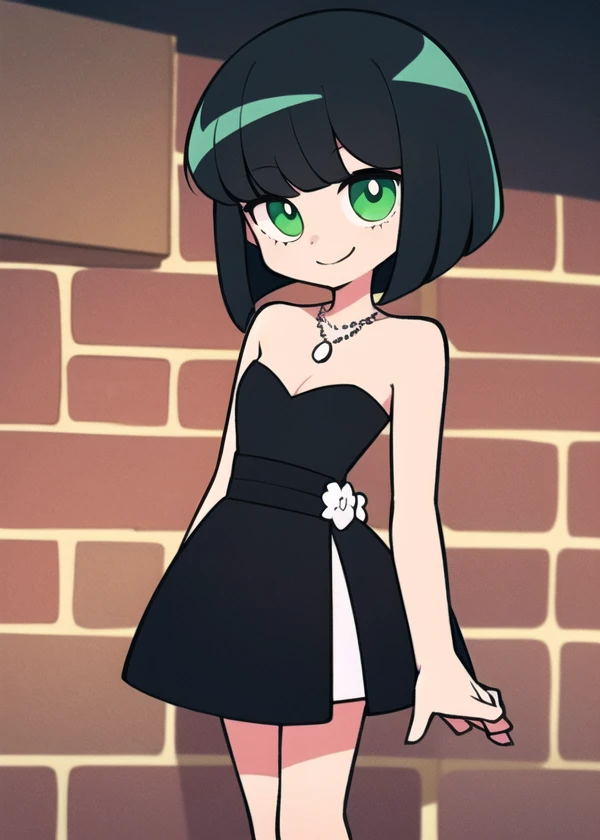 1 girl, solo, A Powerpuff Girl named Buttercup, short black hair, bob cut, medium hair, green eyes, in a little black dress, short strapless black dress, a longer body, all grown up, a teenager style, with a pearl necklace, bare shoulders, and being so beautiful, standing near a brick wall, at night time in the city, in 2D illustration, 2D art style, smile, close up.