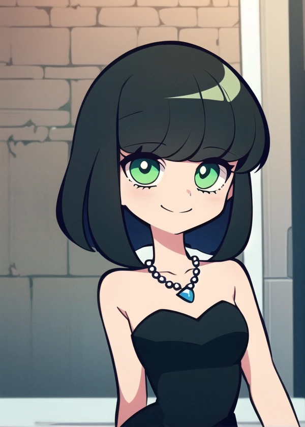 1 girl, solo, A Powerpuff Girl named Buttercup, short black hair, bob cut, medium hair, green eyes, in a little black dress, short strapless black dress, a longer body, all grown up, a teenager style, with a pearl necklace, bare shoulders, and being so beautiful, standing near a brick wall, at night time in the city, in 2D illustration, 2D art style, smile, close up.