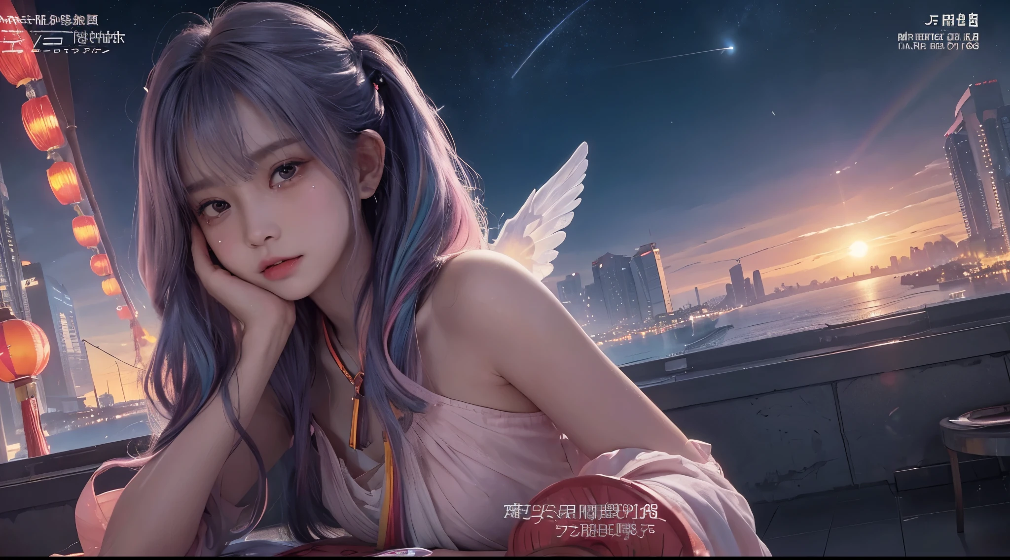 hair bobbles, wince, long eyelashes, solid circle eyes, light smile, ear blush, fang, (rainbow hair), makeup, blush, sad, sad smile, drop shadow, anaglyph, atmospheric perspective, 8k, super detail, accurate, best quality, (cyberpunk), cinematic lighting, masterpiece,1girll, short twintails, Colorful hair, flying, pink bows,((16-year-old female model)), ((dress)), (aquarium), (angel halo), ( wings), (magazine cover), the background is sunrise with planets and shooting stars, aurora, beautiful sky, space view, (wide shot), ((((text)))), (cover), bold, attention-grabbing, ((title)), stylish, (((font))), panorama, eye level shot, tile from below, title from side, title in middle, ((((magazine cover layout)))), (((chinese new year))), ((shinning star)), (((wide shot))), fashion