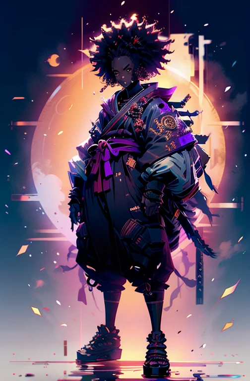 a young black (((boy))) samurai with afro hair,  full moon (golden moon)