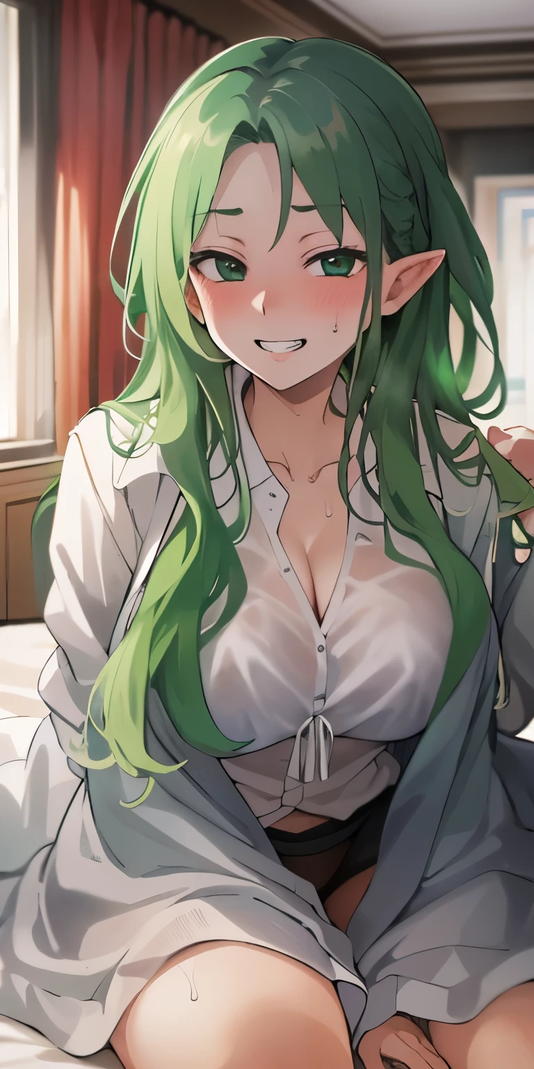 sweat, full-face blush,corruption, looking at viewer, (happy, smirk,smug, teeth,smile ),(huge breasts), sitting, on bed, hotel room, nightgown,see-through, heavy breathing, wariza, riveria, very long hair,Young woman sitting and waiting for her boyfriend to stare at the camera, elf, long hair, kind smile, green hair, emerald green eyes, white shawl, shirt Green formal coat, black tights, (masterpiece),(best quality),extreamly delicate and beautiful,(realistic:0.5), high quality, 1girl, solo,solo_focus