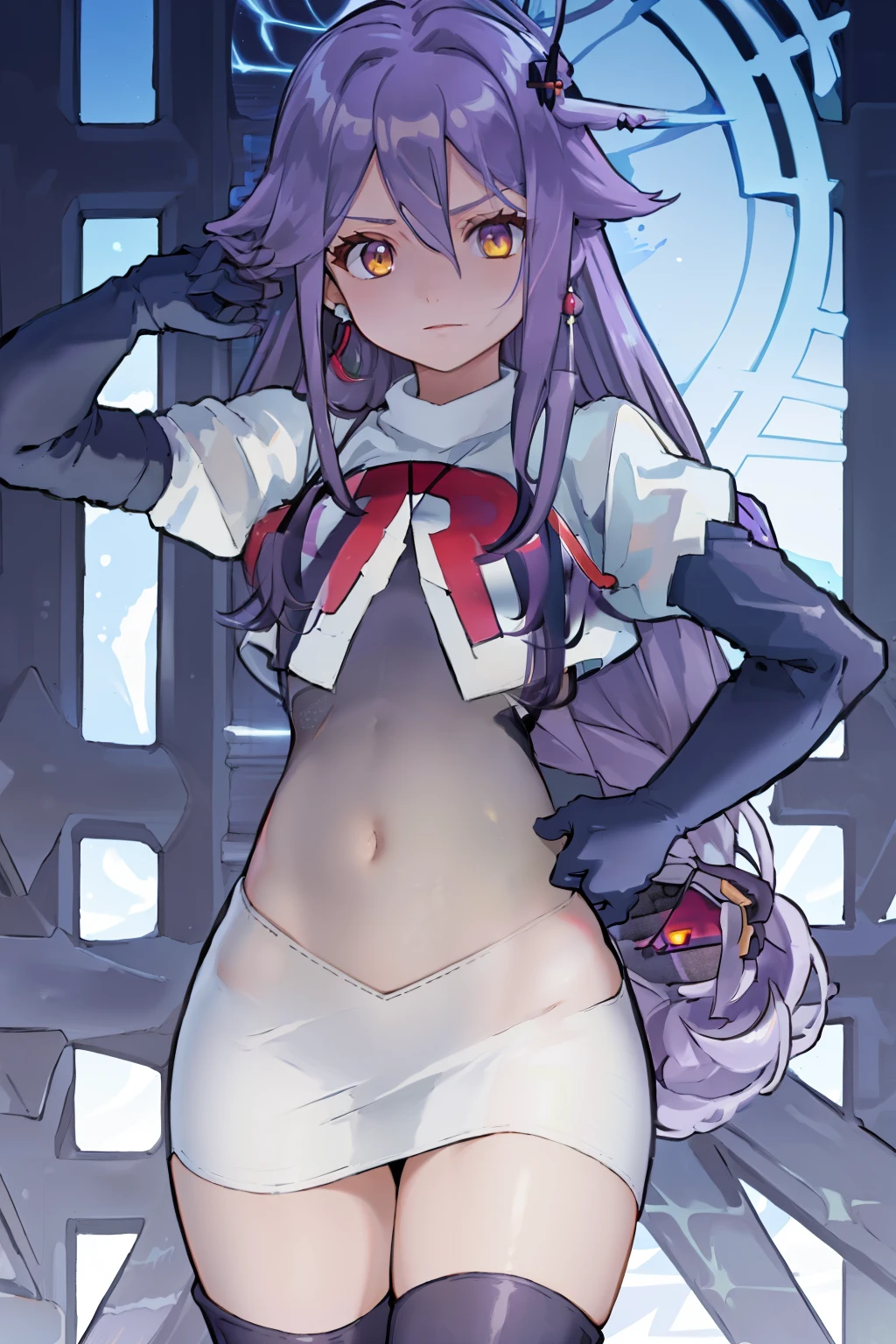 masterpiece, best quality, best 8k wallpaper, 
1 girl, long hair, purple hair, bangs, yellow eyes, earrings, hair between eyes, hair ornament,
team rocket,team rocket uniform,white skirt,red letter R,crop top,black thigh-highs,black elbow gloves