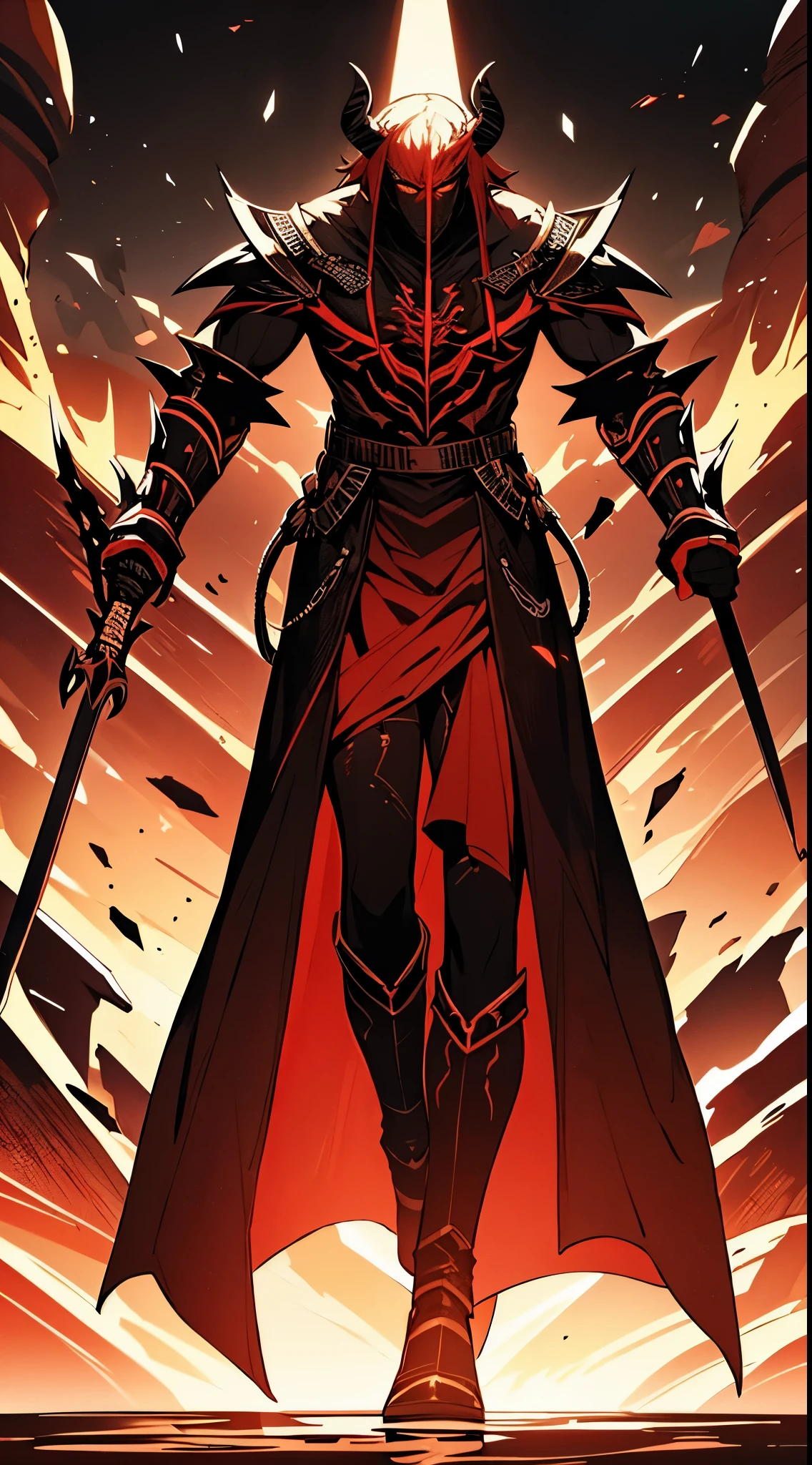 A demon who was asleep for 10,000 years woke up because he needed blood. He had big horns, black and fire red body color, and a big and long sword he was holding. The sword was sharp and on the handle there was a demon hunter logo. He was there. in the pure and calm sea and he stood on a floating hot lava rock.