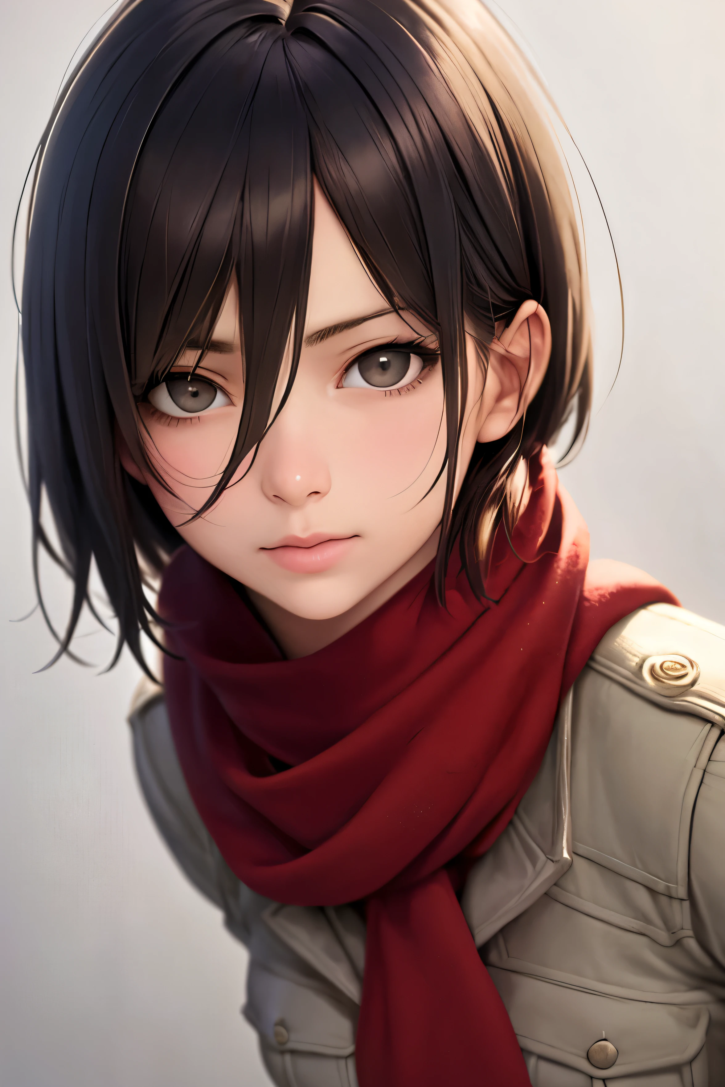 ((best quality)), ((masterpiece)), ((Realistic)), ((perfect)), perfect ???????, 1girl, Mikasa Ackerman, Hair between the eyes, Short hair, Gray eyes, beautifull face, Uniforme militar Paradis, red scarf around the neck, 20yo, high angle, ((dynamic poses))