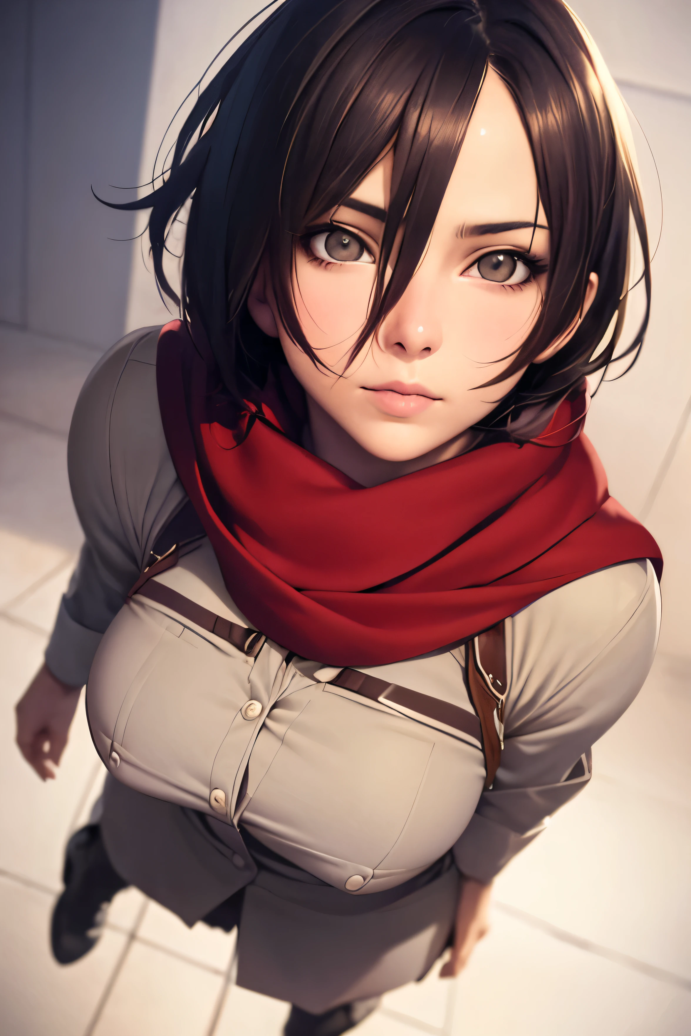 ((best quality)), ((masterpiece)), ((Realistic)), ((perfect)), perfect ???????, 1girl, Mikasa Ackerman, Hair between the eyes, Short hair, Gray eyes, beautifull face, full body, Uniforme militar Paradis, red scarf around the neck, 20yo, high angle, ((dynamic poses))