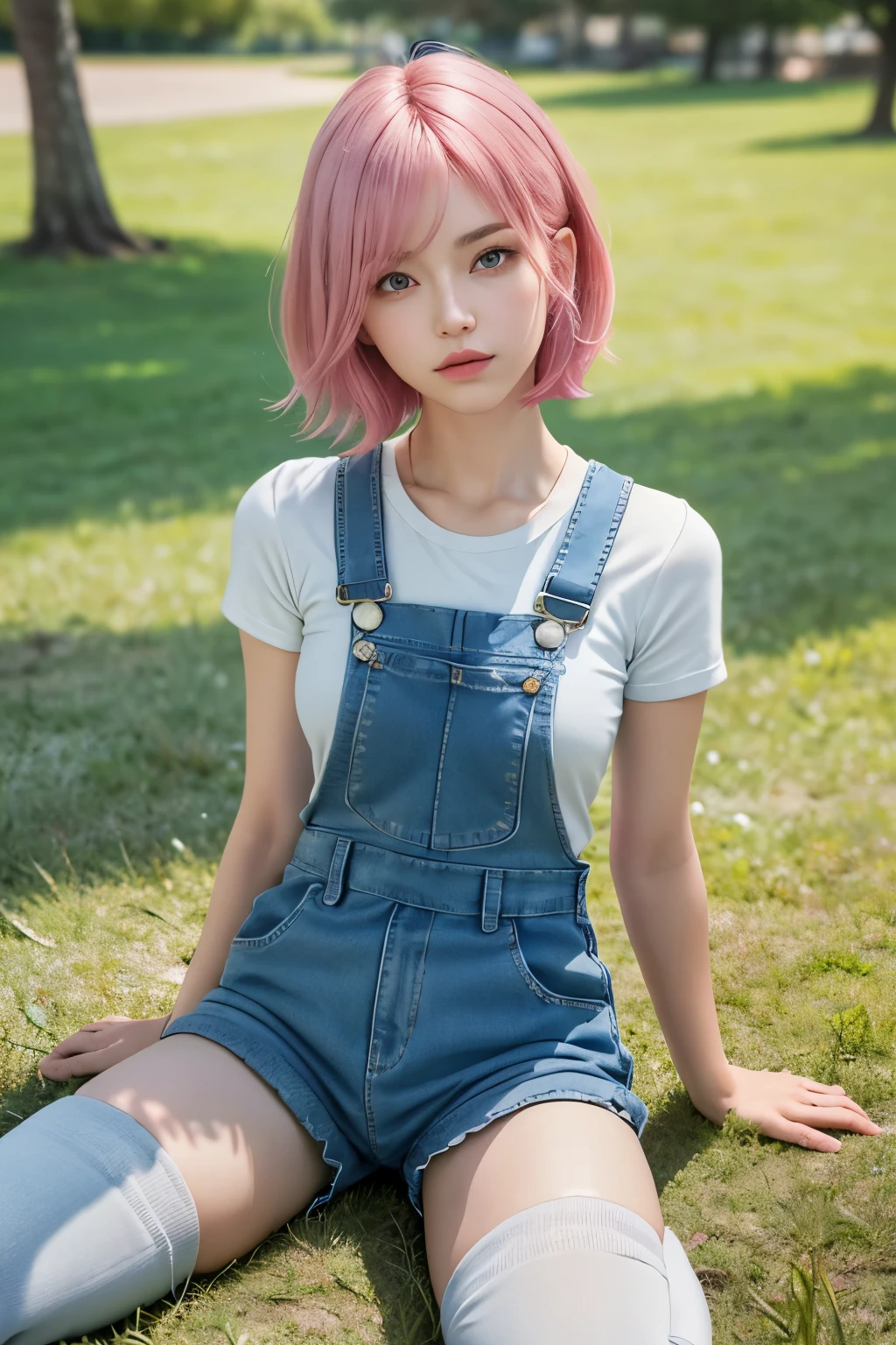 (8K, top-quality, masterpiece:1,2), (reallistic, Photorealsitic:1.37), Super Detail, One girl,), (Highly detailed), (beautifully detailed eyes), (of the highest quality), (super detailed ), (masterpiece), (Detailed face),20yr old, ,1 girl, full body, pink hair,Very short hair, medium breasts, clothed, Perfect Lighting, pussy and breast focus, looking at viewer, aroused face, naughty face, Park, grass, ((children's clothing, coveralls, athletic shoes, knee-high socks, absolute area)), standing