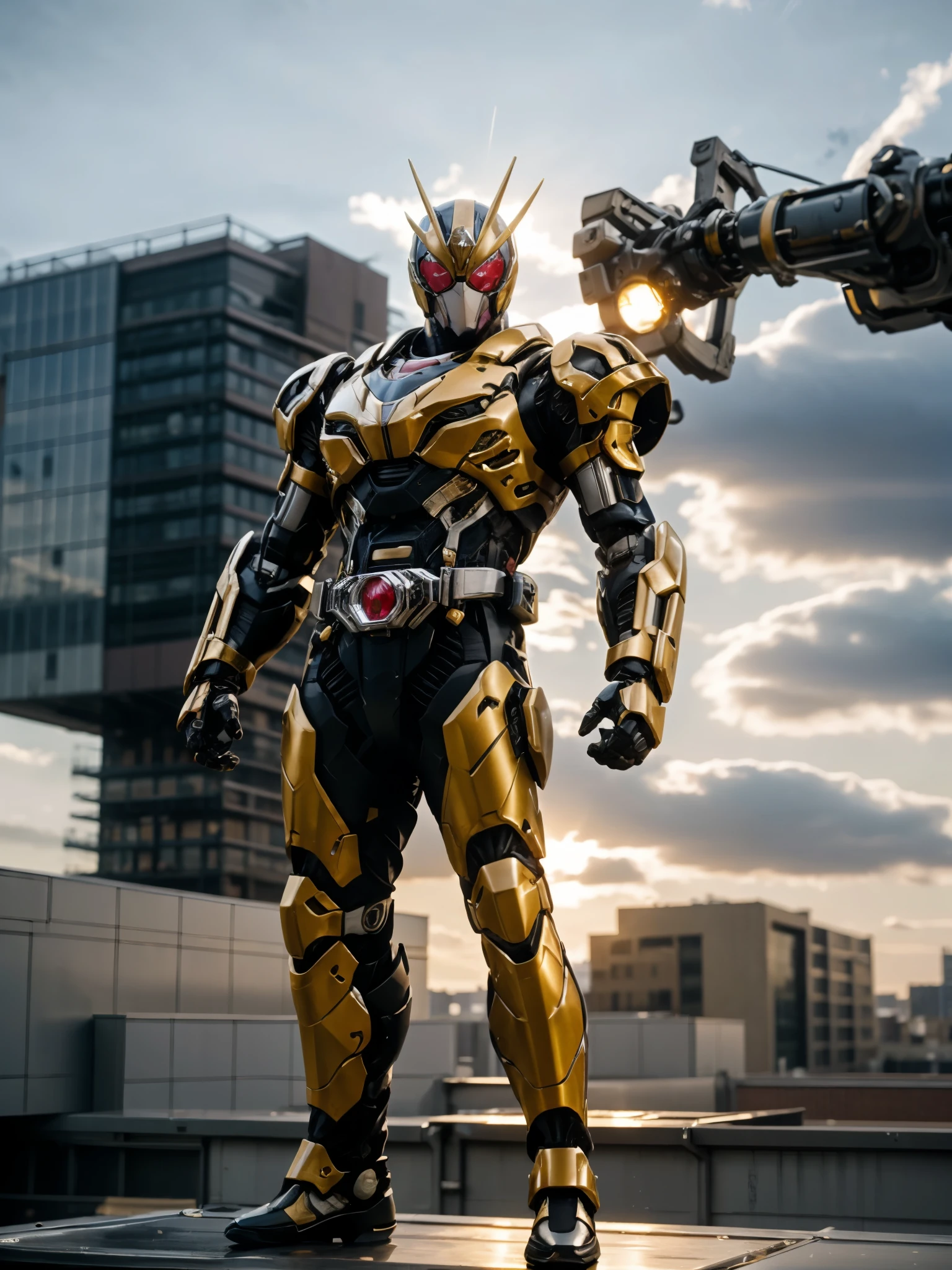 A super  a high-tech biotech battle suit, standing on a rooftop, looking over the city, Japanese tokusatsu and American comic style, biometallic texture of the suit, sleek and shiny, dynamic, fast, natural light, cinematic, high quality, high resolution, high detail, sophisticated design, dramatic, high definition, ultra-detailed, ultra-fine painting, extremely delicate, creativity, Natural light, cinematic lighting, best shadow, masterpiece-anatomy-perfect