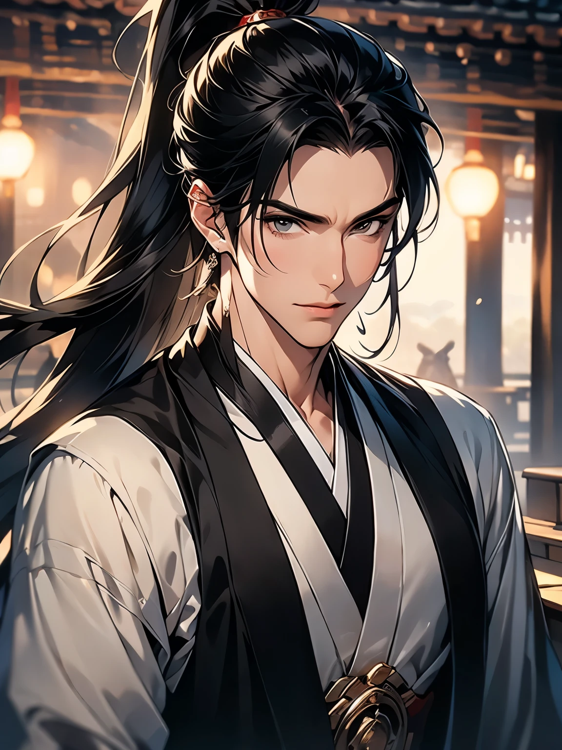 Best quality at best,A high resolution,The image is clear:1.2,A man in a black Hanfu,,Long black hair and high ponytail,Ancient Chinese tea house,