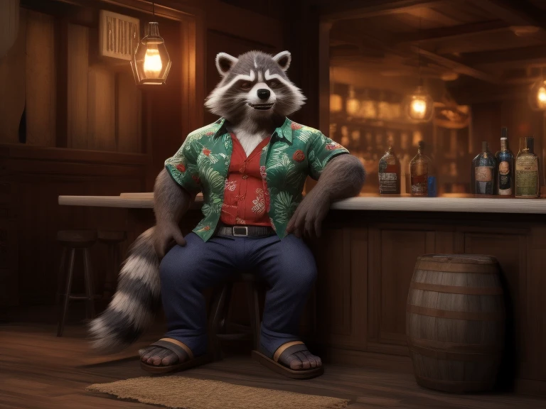 Rocket Racoon, MCU style, full figure, in a Hawaiian shirt and long pants, wears sandals, drinks whiskey, drunk, sleepy, dark brown and gray and white fur