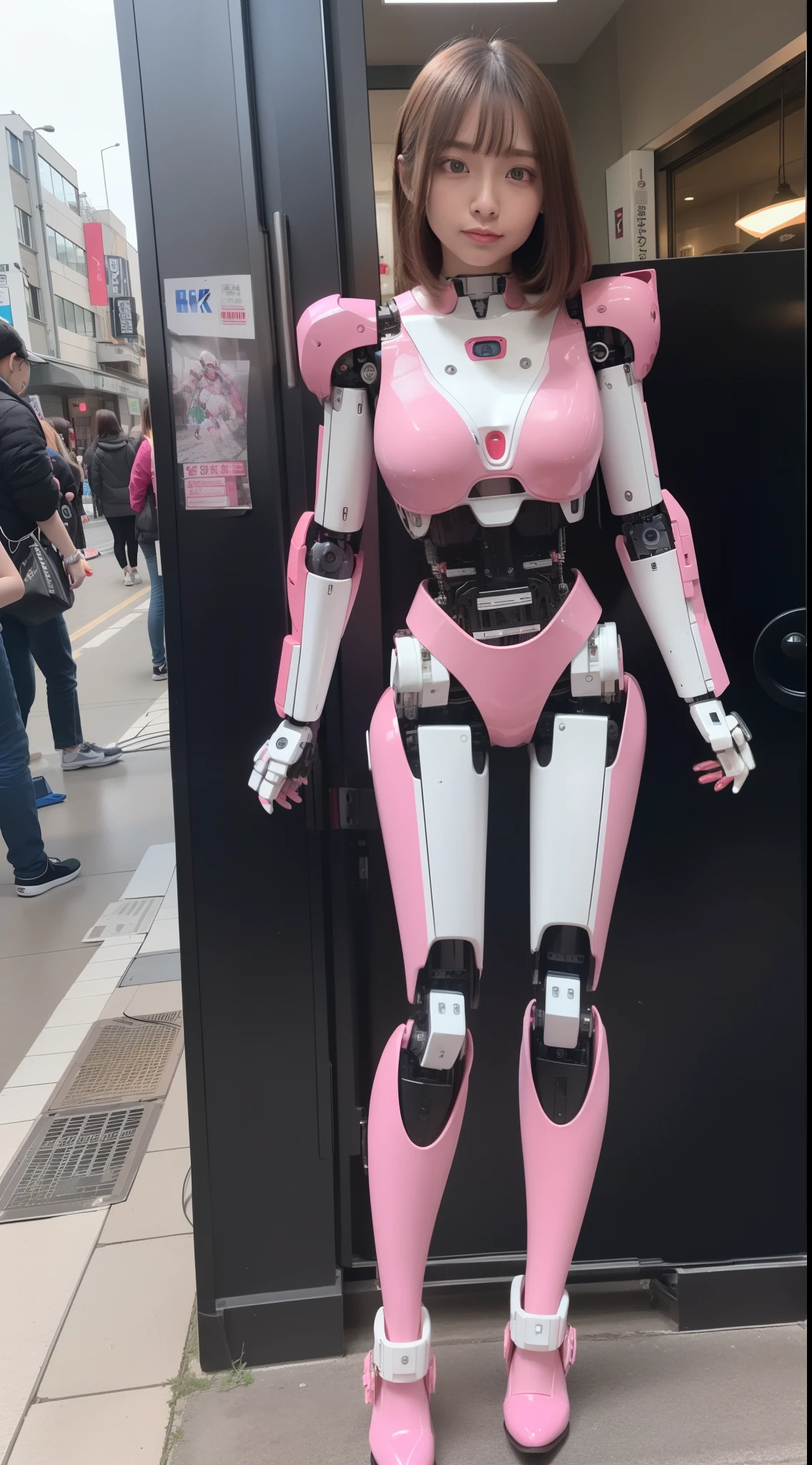 masterpiece, best quality, extremely detailed, (8K, 4K, Best Quality, Hight resolution, 超A high resolution:1.1), 8K portrait,1girl in, Japanese android girl, android teacher, control panels, android, Droid, Mechanical Hand, ,Robot arms and legs, Black hair, Mechanical body, Blunt bangs, Pink Robotics Parts, perfect robot woman, Charging spot, Long Tube, A thick cable was connected to her neck, ceramic body , android, robot humanoid, panty, full eyes, perfect mechanical body, pink robotics body, future assembly plant, Pink body, She has repaired, lack sponge joints, android assembly plant, android, laboratory, platform boots, perfect machine body, pink robot body