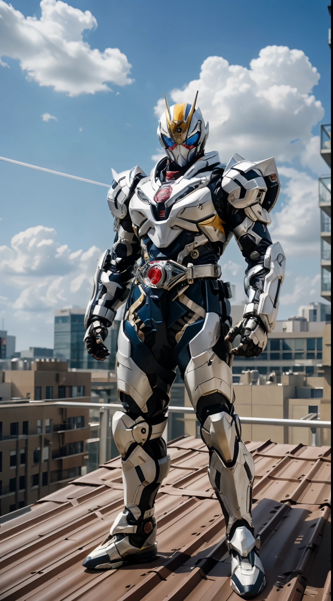 A super  a high-tech biotech battle suit, standing on a rooftop, looking over the city, Japanese tokusatsu and American comic style, biometallic texture of the suit, sleek and shiny, dynamic, fast, natural light, cinematic, high quality, high resolution, high detail, sophisticated design, dramatic, high definition, ultra-detailed, ultra-fine painting, extremely delicate, creativity, Natural light, cinematic lighting, best shadow, masterpiece-anatomy-perfect
