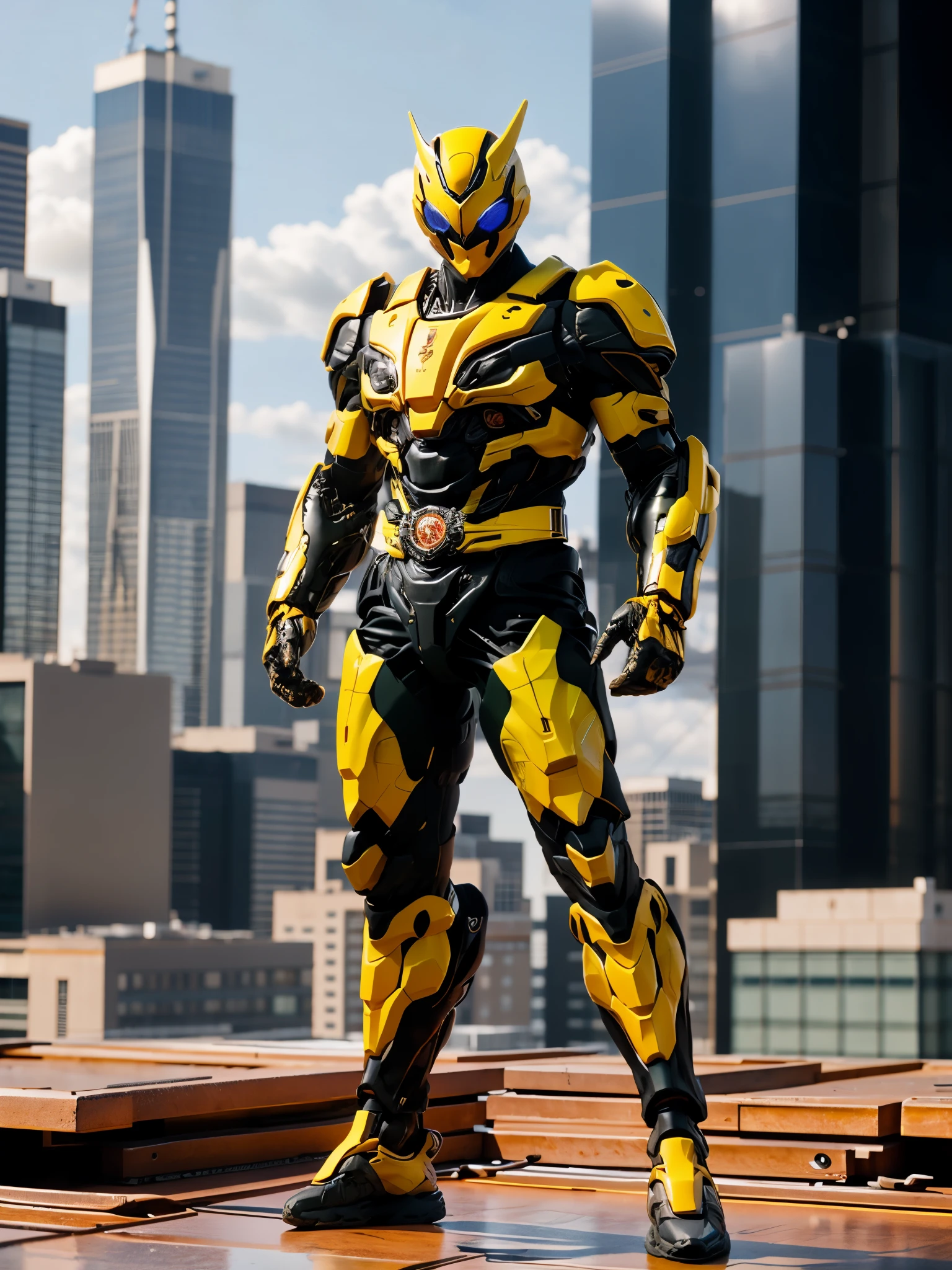 A super  a high-tech biotech battle suit, standing on a rooftop, looking over the city, Japanese tokusatsu and American comic style, biometallic texture of the suit, sleek and shiny, dynamic, fast, natural light, cinematic, high quality, high resolution, high detail, sophisticated design, dramatic, high definition, ultra-detailed, ultra-fine painting, extremely delicate, creativity, Natural light, cinematic lighting, best shadow, masterpiece-anatomy-perfect