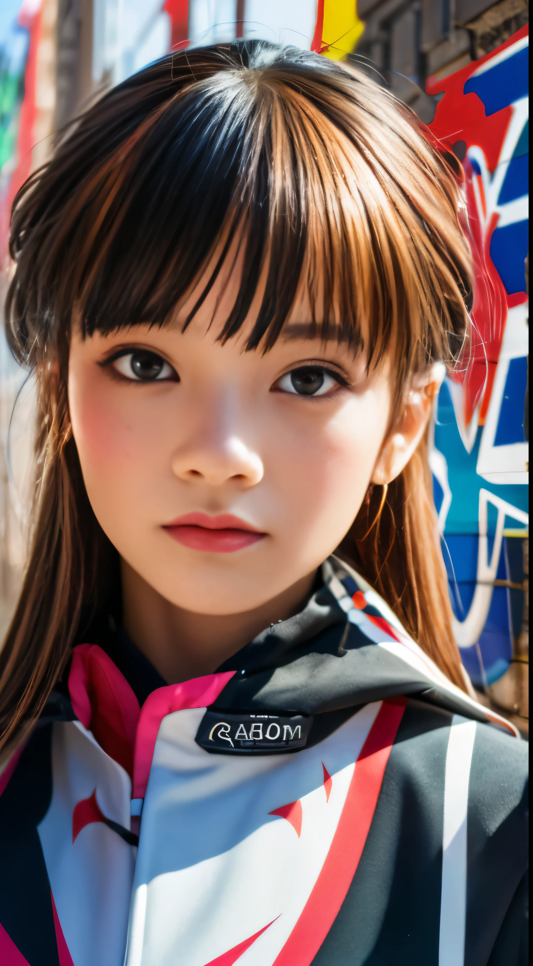 (Best Quality), masutepiece, High definition CG uniform 8k illustration, High collar, extremely High collar saturation, All colors deepened, paint, graffiti art, Center Composition, Extremely detailed light and shadow, graffiti wall, wall painted bright, One Girl's Doodle One Girl Looking at the Wall, very detailed face and eyes, Medium length hair, Sportswear, colored clouds