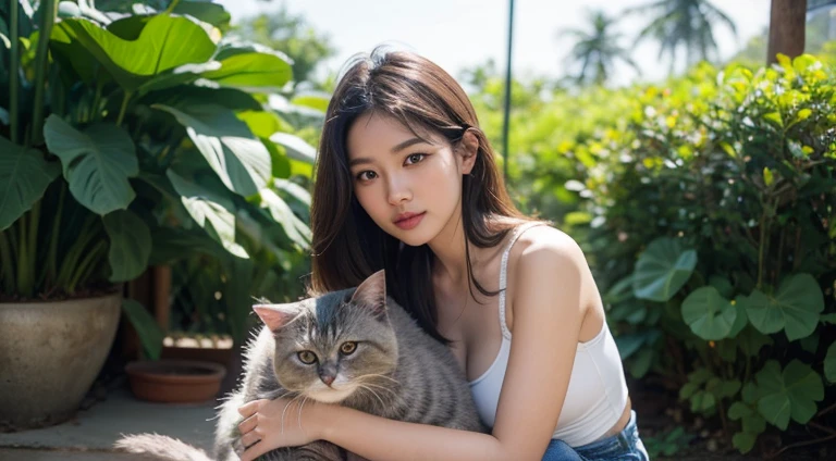 “Thai woman, 29 years old, short, shoulder length hair.  Wear a bra and ripped jeans.  There was a fat, round-eyed, long-haired cat as big as a bear next to him.  Woman sitting and hugging a cat  The background is a flower garden in Thailand with sunlight shining from behind. Realistic 4K image captured with a wide-angle DSLR camera."