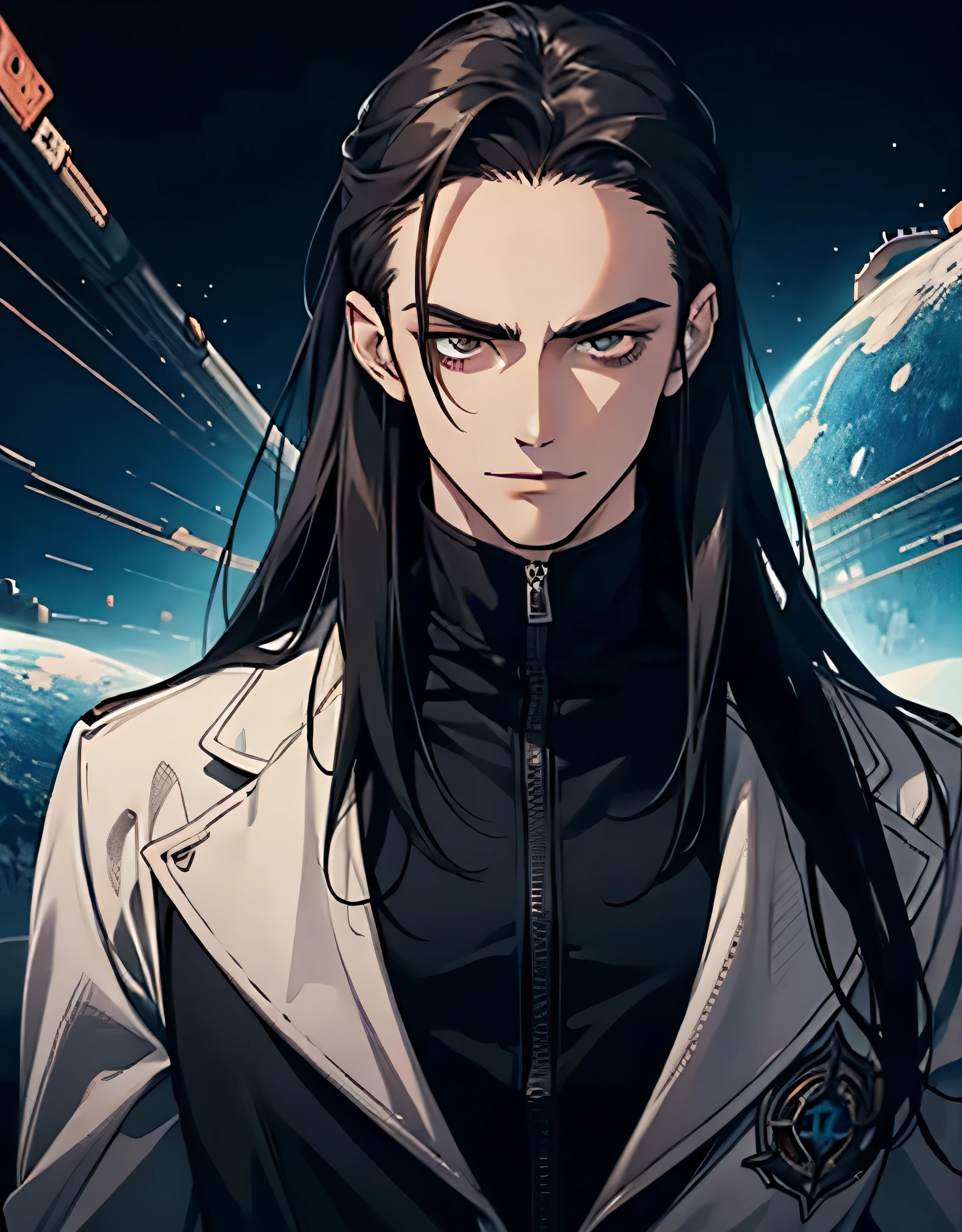 Masterpiece, Best quality, 1 homme, humain, adulte, 20 ans, mauvais look, mauvais smile, mauvais, Dark Hair, cheveux longs, front plie, visage vicieux, dark themed, sous une planete, Face avant, (Haut du corps)