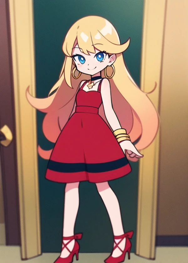 Panty Anarchy, blonde hair, long hair, blue eyes, little red dress, red short dress, choker, gold hoop earrings, gold bracelet, red heel shoes, hallway background, smile, standing up, in 2D illustration, 2D art style, close up.