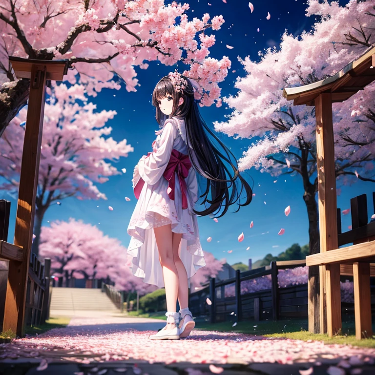 Master Pieces Top image quality A -yeld Jaese girl is standing wearing a sky blue dress with puff sleeves.. Full body painting Standing picture cherry blossom trees (cherry blossom petals are falling:1.4) tilt your head slightly Dark blue pumps white high socks with frills Pink pouch Long straight black hair standing , (full body:1.4) , (toe:1.4)