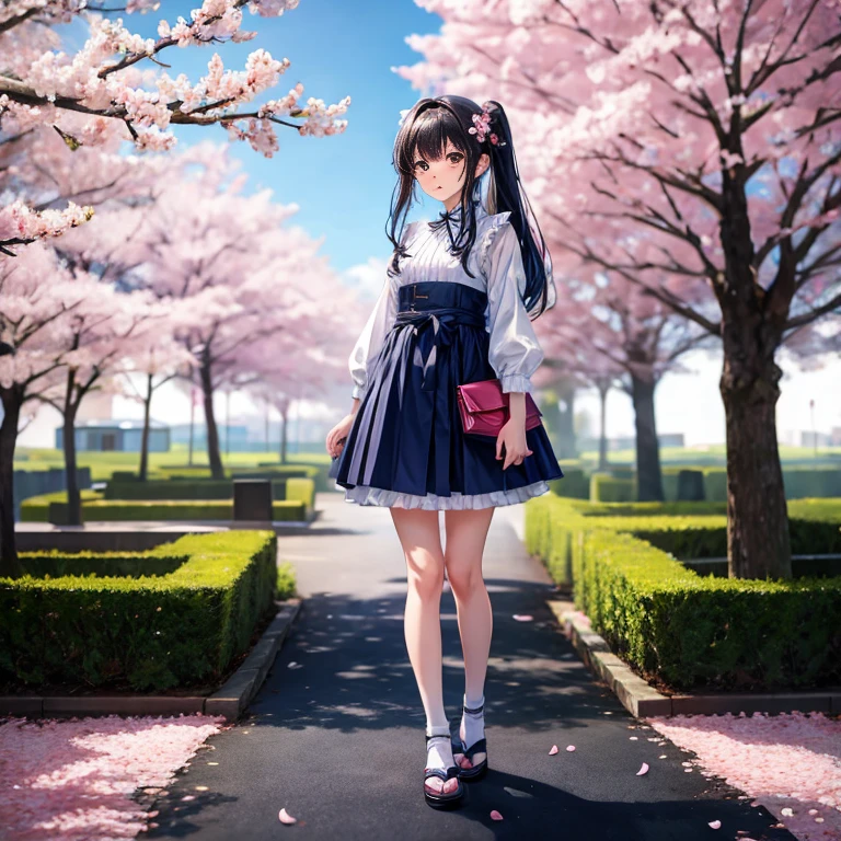 Master Pieces　Top image quality　A 15-year-old Japanese girl is standing wearing a sky blue dress with puff sleeves.. Full body painting　Standing picture cherry blossom trees　(cherry blossom petals are falling:1.4)　tilt your head slightly　Dark blue pumps　white high socks with frills　Pink pouch　Long straight black hair　standing , (full body:1.4) , (toe:1.4)