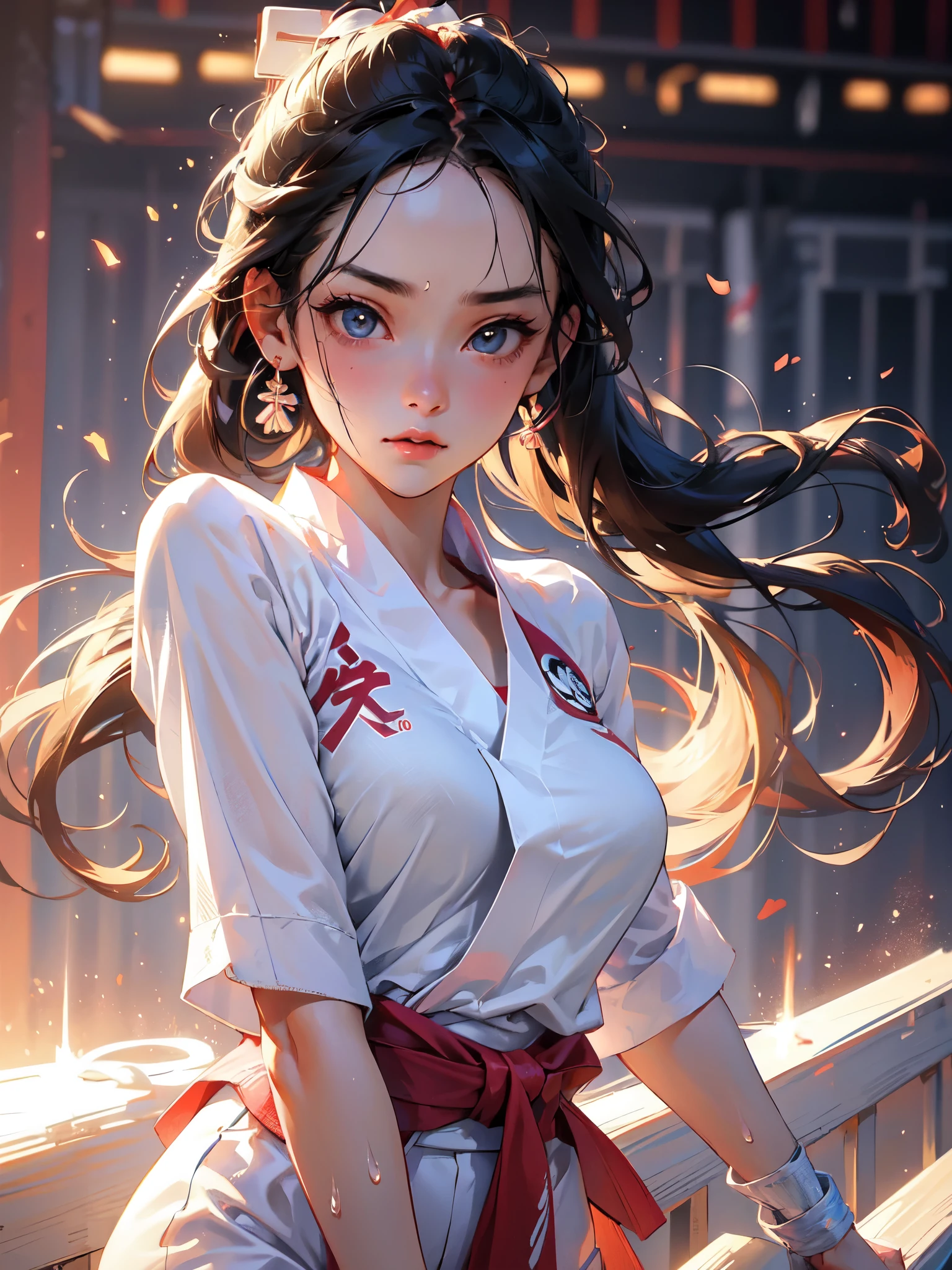 high quality,hd,16k,1girl,female karate athlete,white kimono,cute face, large breasts, slender body, delicate body, sweat,light clothing, in karate venue,focus girl,detailed beautiful face,detailed clothes,beautiful eyes,cool