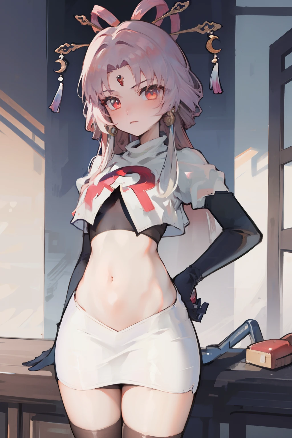 ((masterpiece,best quality)), highres, 1girl, fuxuan, cowboy shot, team rocket,team rocket uniform,white skirt,red letter R,crop top,black thigh-highs,black elbow gloves