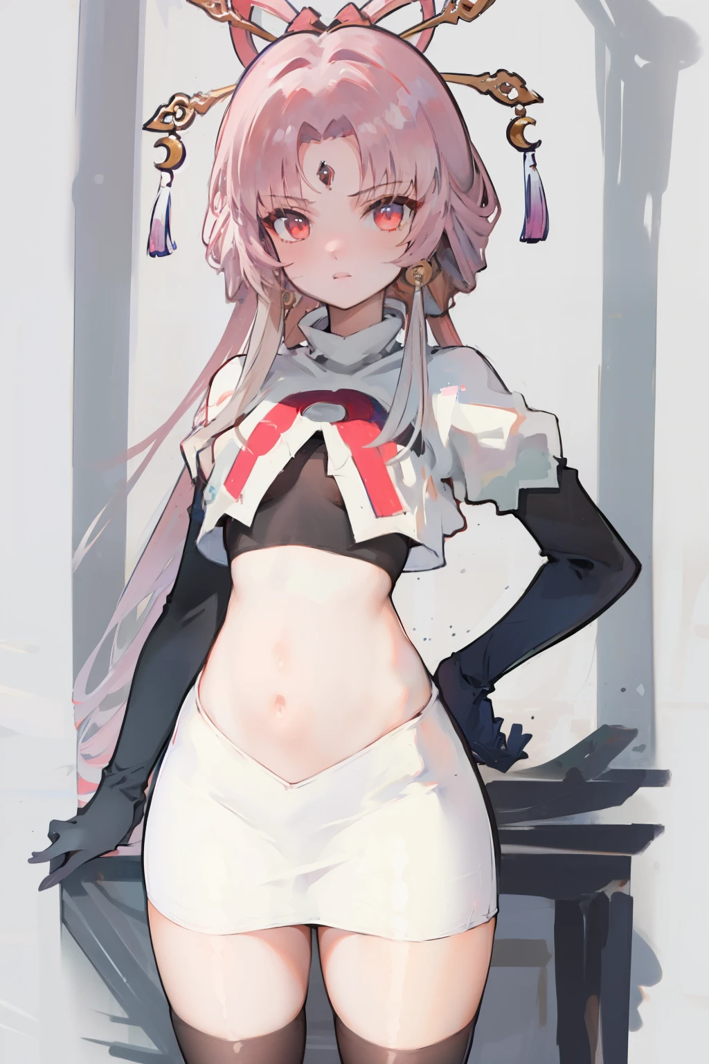 ((masterpiece,best quality)), highres, 1girl, fuxuan, cowboy shot, team rocket,team rocket uniform,white skirt,red letter R,crop top,black thigh-highs,black elbow gloves