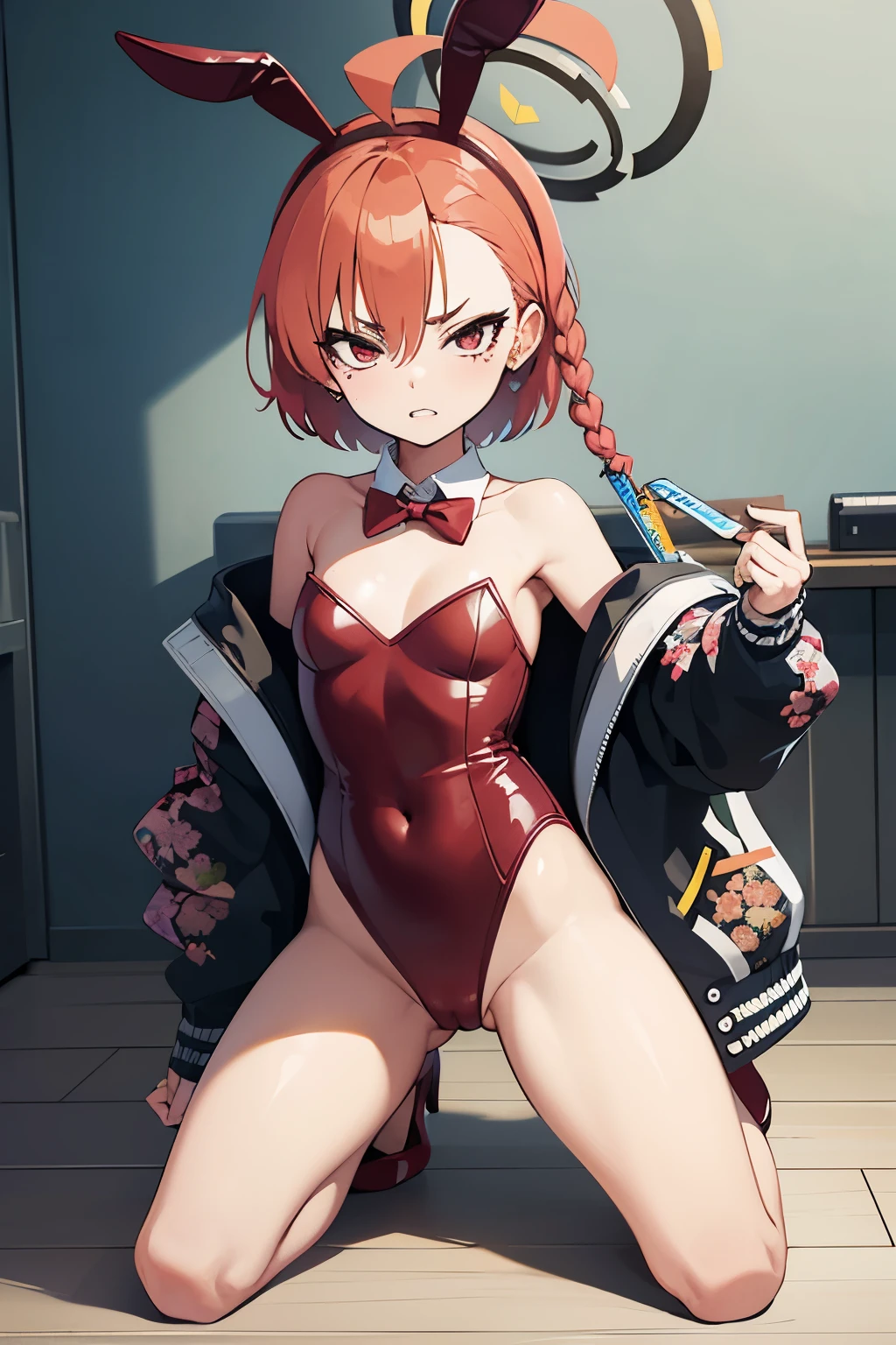 1girl, solo, facing viewer, looking at viewer, full body, angry, neru mikamo, halo, short hair, single braid, print jacket, bunny, rabbit ears, red leotard, detached collar, red bow,red high heels.