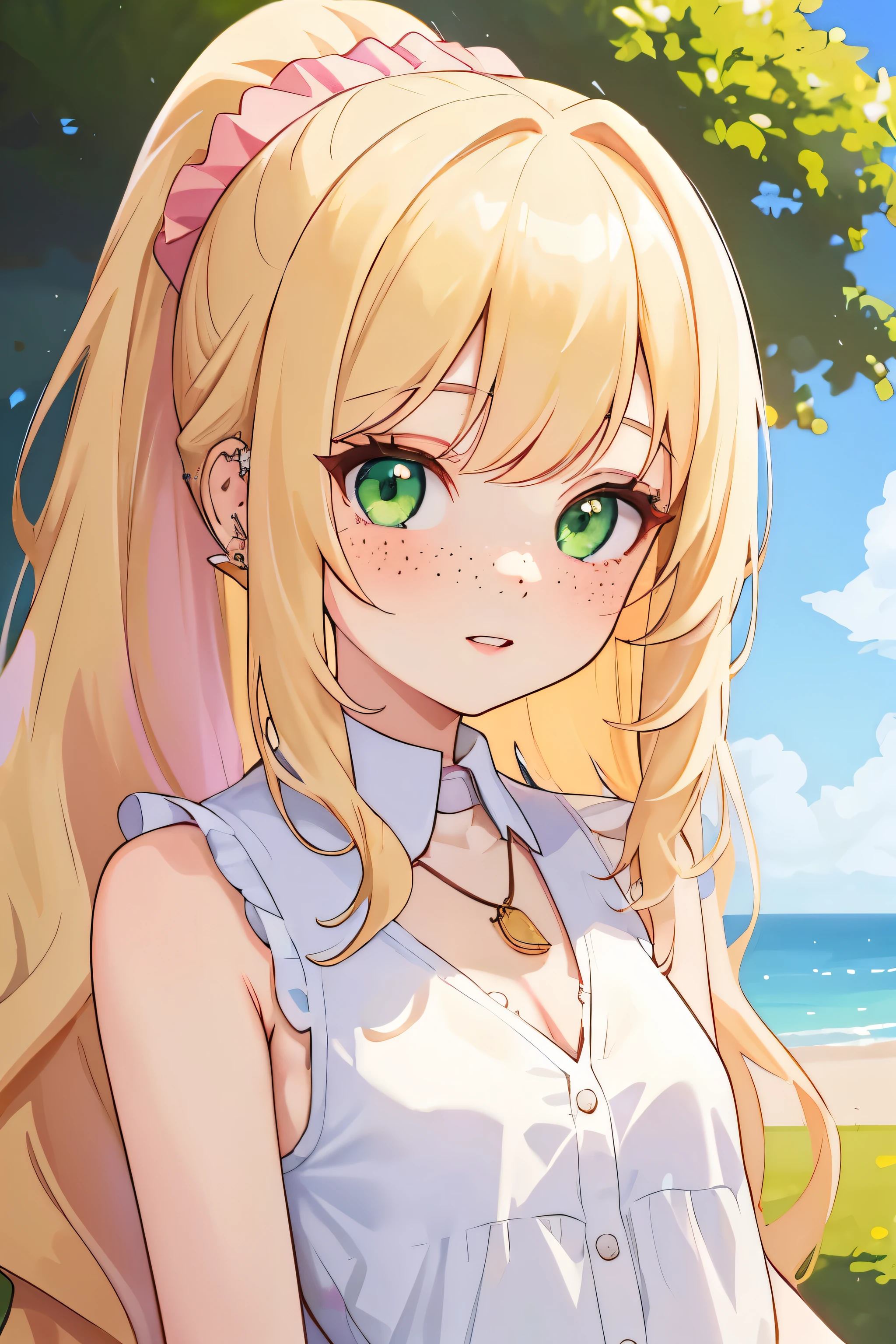 (masterpiece, best quality), 1girl, solo, face, parted lips, looking at viewer, light blush, light smile, pendant, ear piercing, long eyelashes, blonde hair, long wavy hair, high ponytail, asymmetrical bangs, green eyes, freckles, pale skin, outdoors, park, sunlight, pink scrunchie, white collared shirt, sleeveless, cleavage, small perky breasts, sexually suggestive