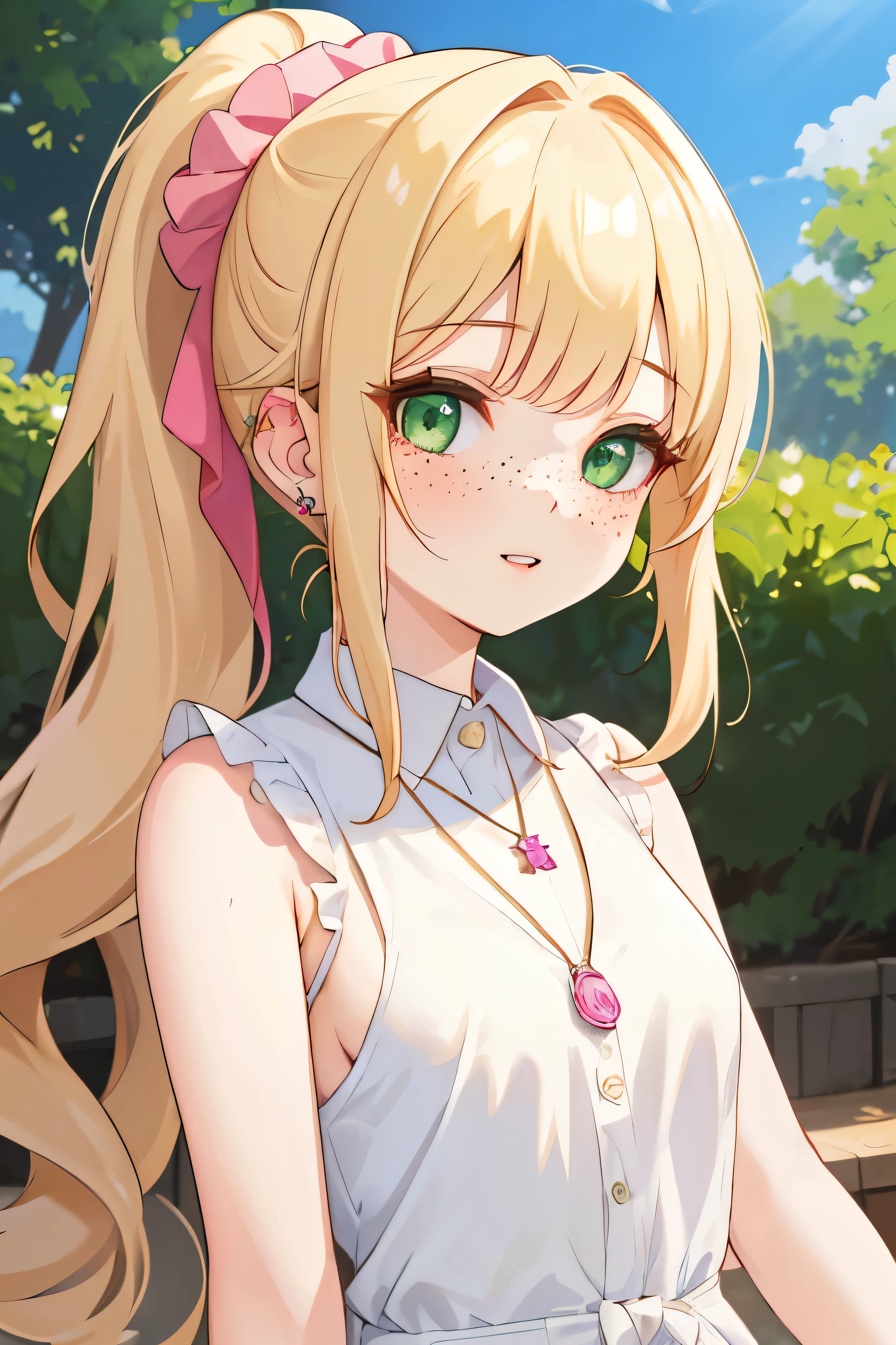 (masterpiece, best quality), 1girl, solo, face, parted lips, looking at viewer, light blush, light smile, pendant, ear piercing, long eyelashes, blonde hair, long wavy hair, high ponytail, asymmetrical bangs, green eyes, freckles, pale skin, outdoors, park, sunlight, pink scrunchie, white collared shirt, sleeveless, cleavage, small perky breasts, sexually suggestive