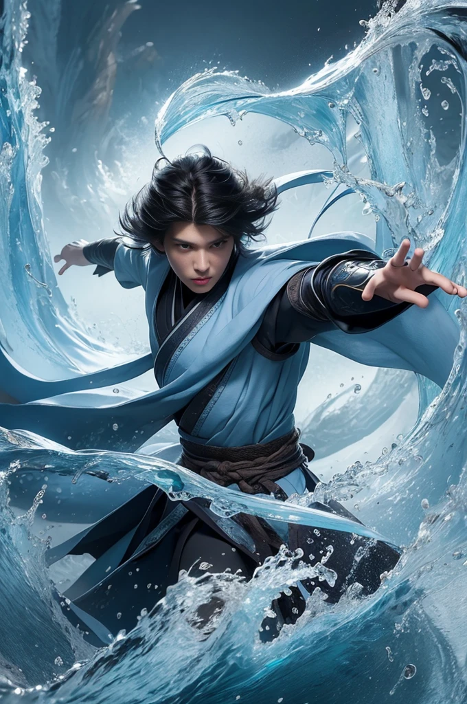 Best quality, masterpiece, super high resolution, hanfu, jade water book, black hair, water, waves, crashing waves, spells, fa gong, (absurd, high resolution, super detailed), Asian, 1 male, eighteen-year-old boy, handsome, tall muscular man, broad shoulders, very short hair, bottom cut, dark brown eyes, fine eyes and detailed face, extremely detailed CG Unity 8k wallpaper, intricate details, (style swirl magic: 0.7), looking at the audience, solo, (full body: 0.6), detailed background, detailed face, (European medieval fantasy theme: 1.1), hair fluttering in the wind, martial artist, dynamic pose, fighting stance, clenched fists, fingerless gloves, wristbands, dragon-themed costumes, monk robes, , spinning floating particles, dynamic composition, upper body naked, big muscles, white rubber pants,