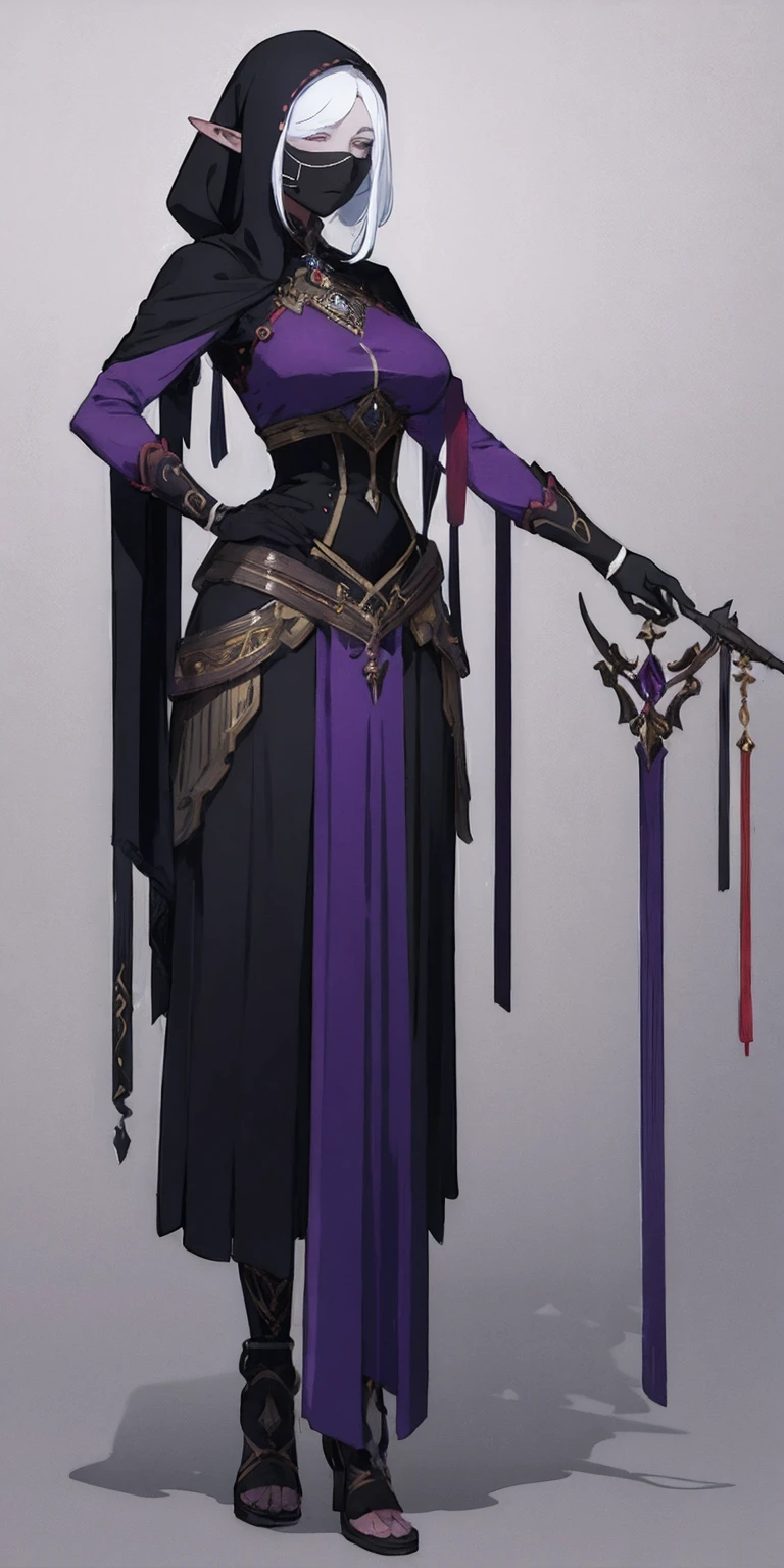 Masterpiece, standing straight symmetrical, full body female drow elf slave wearing an adventurer outfit, black blindfolded, (very purple skin)