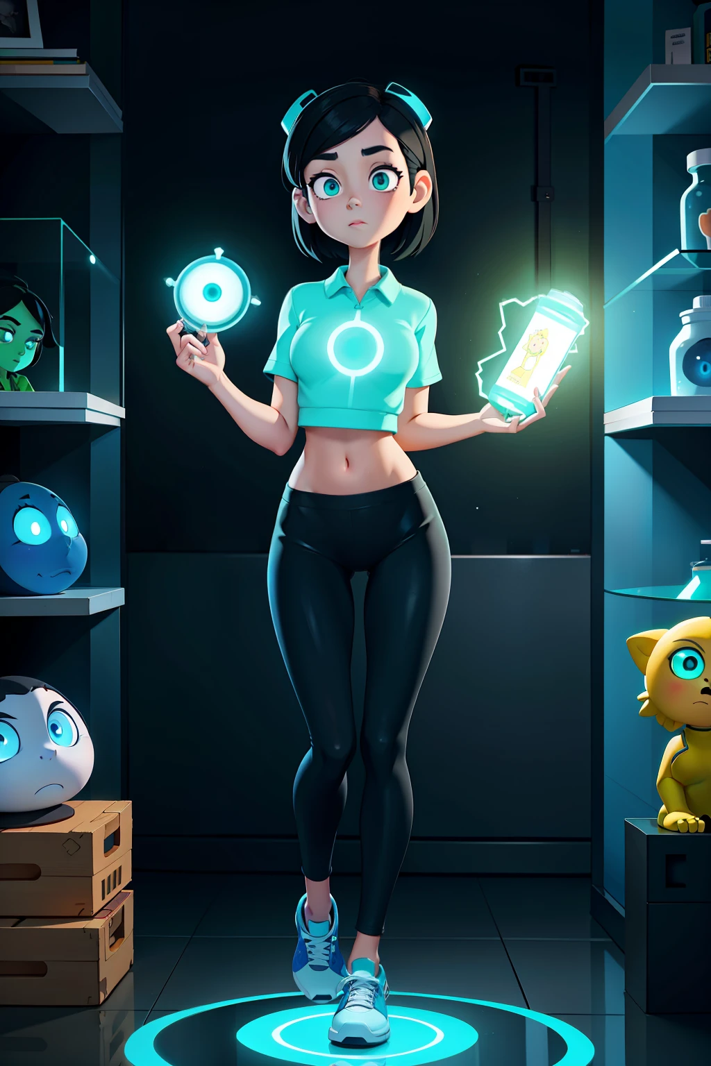 1girl, housewife, black hair, green eyes, glowing eyes, blue sportswear, glass case, mind-controlled, hypnotized, attention, hollow eyes, 3D Disney style, full body