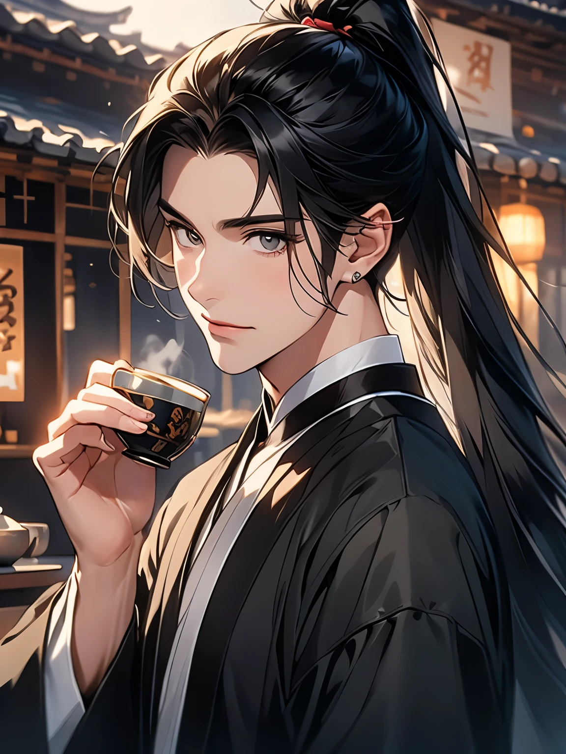 Best quality,A high resolution,The image is clear:1.2,A man in a black Hanfu,,Long black hair and high ponytail,Ancient Chinese tea house,