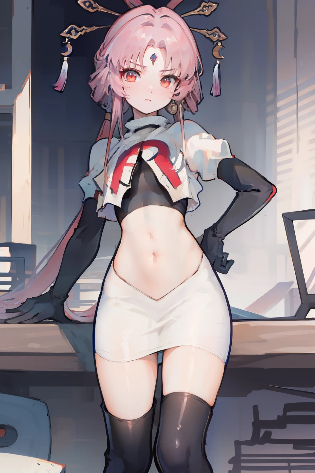 ((masterpiece,best quality)), highres, 1girl, fuxuan, cowboy shot, team rocket,team rocket uniform,white skirt,red letter R,crop top,black thigh-highs,black elbow gloves