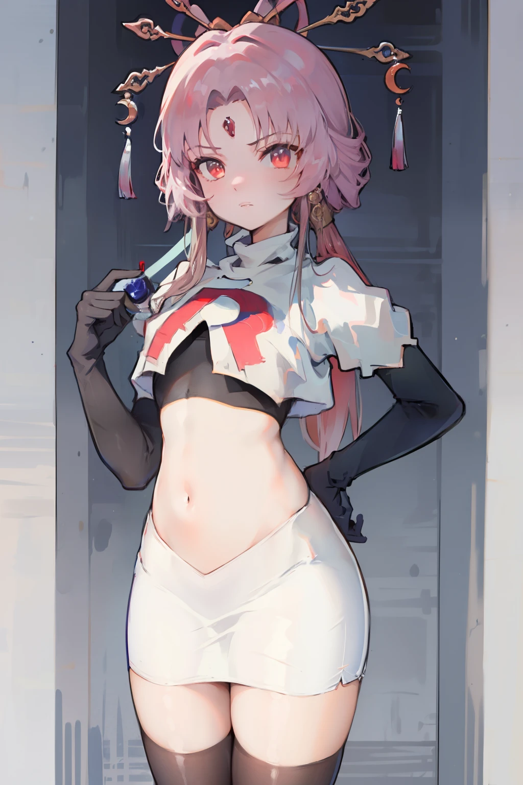 ((masterpiece,best quality)), highres, 1girl, fuxuan, cowboy shot, team rocket,team rocket uniform,white skirt,red letter R,crop top,black thigh-highs,black elbow gloves