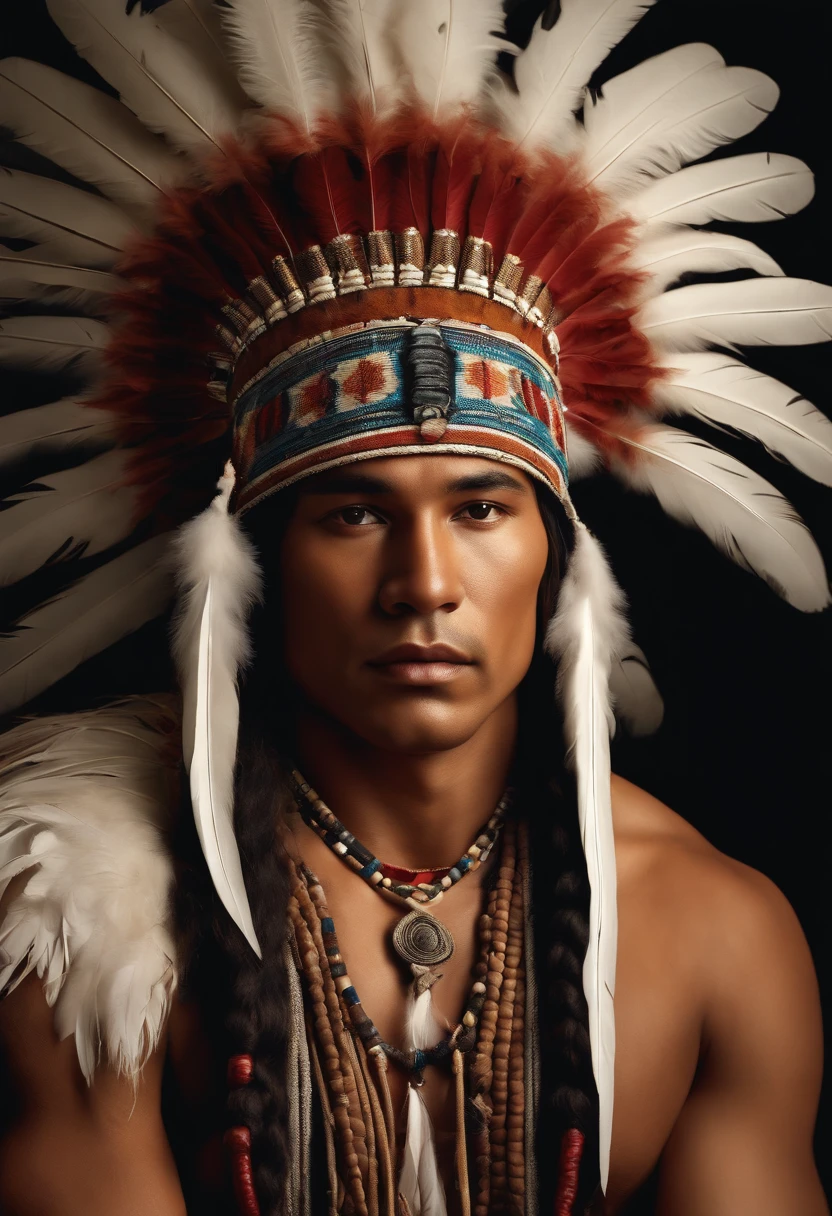 Baroque style painting of an indigenous chief with a headdress of white feathers on his head, indigenous body paint, young and strong, white clothes, long hair with braids.
