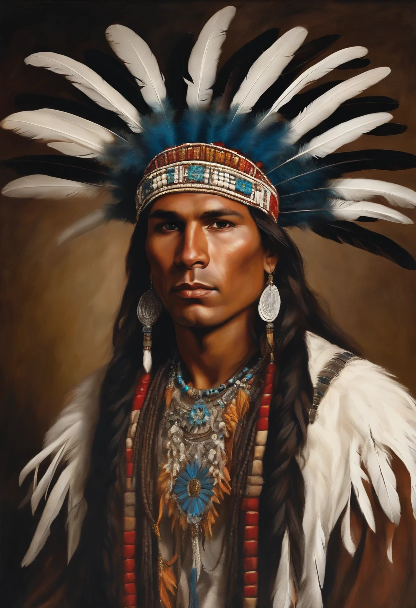 Baroque style painting of an indigenous chief with a headdress of white feathers on his head, indigenous body paint, young and strong, white clothes, long hair with braids.