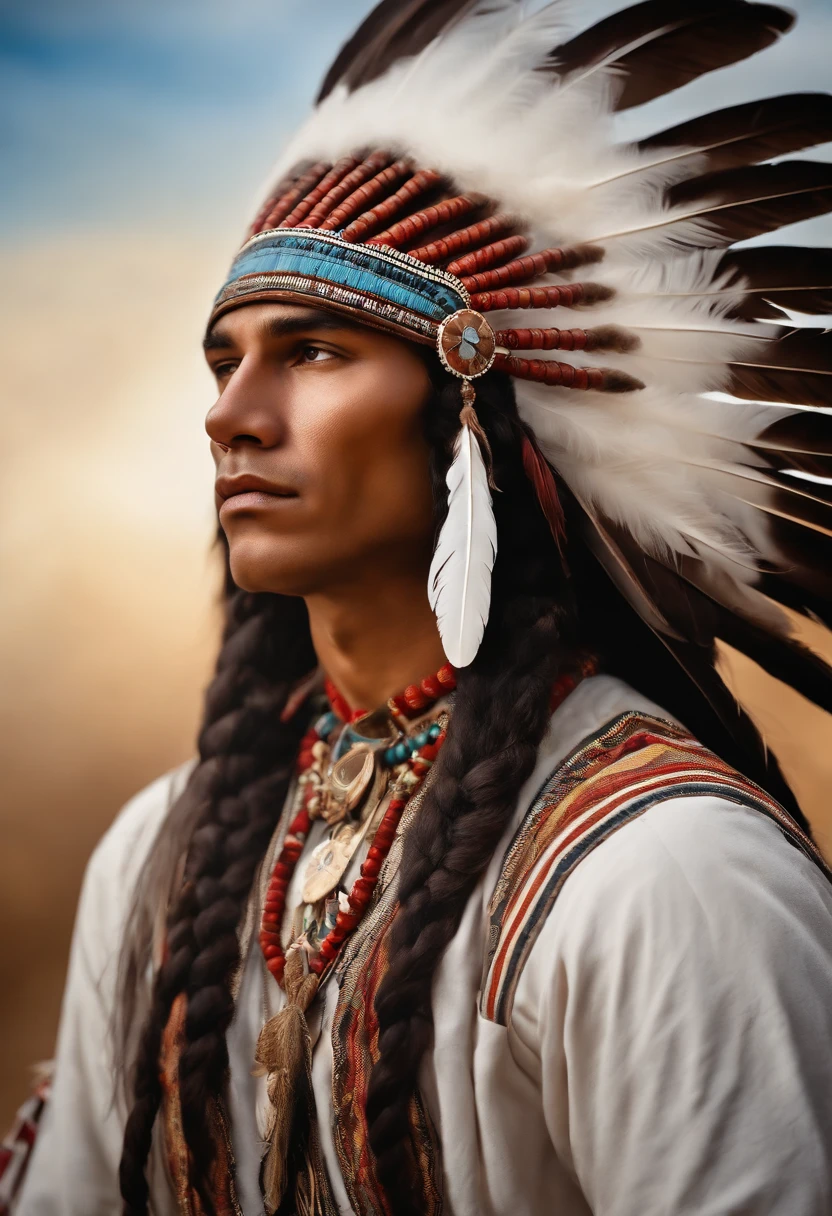 Baroque style painting of an indigenous chief with a headdress of white feathers on his head, indigenous body paint, young and strong, white clothes, long hair with braids.