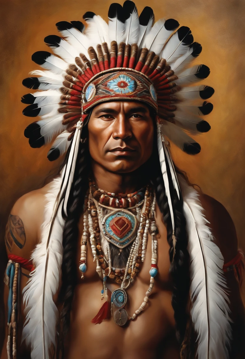 Baroque style painting of an indigenous chief with a headdress of white feathers on his head, indigenous body paint, young and strong, white clothes, long hair with braids.